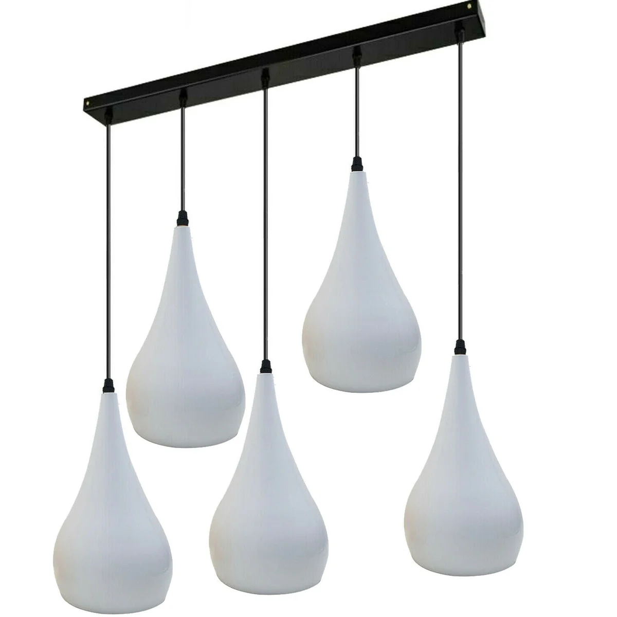 Adjustable ceiling pendant lamp with sleek black and white metal body, 5 light holders, 95cm cable, 50cm ceiling plate.
