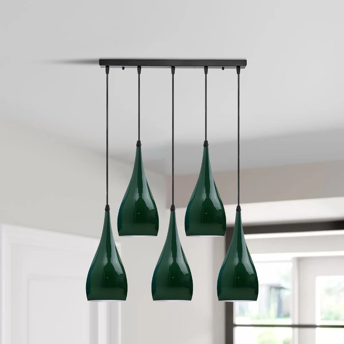 Industrial pendant ceiling light with five teardrop metal shades in high‑gloss finish, 95 cm adjustable cable, shown in room