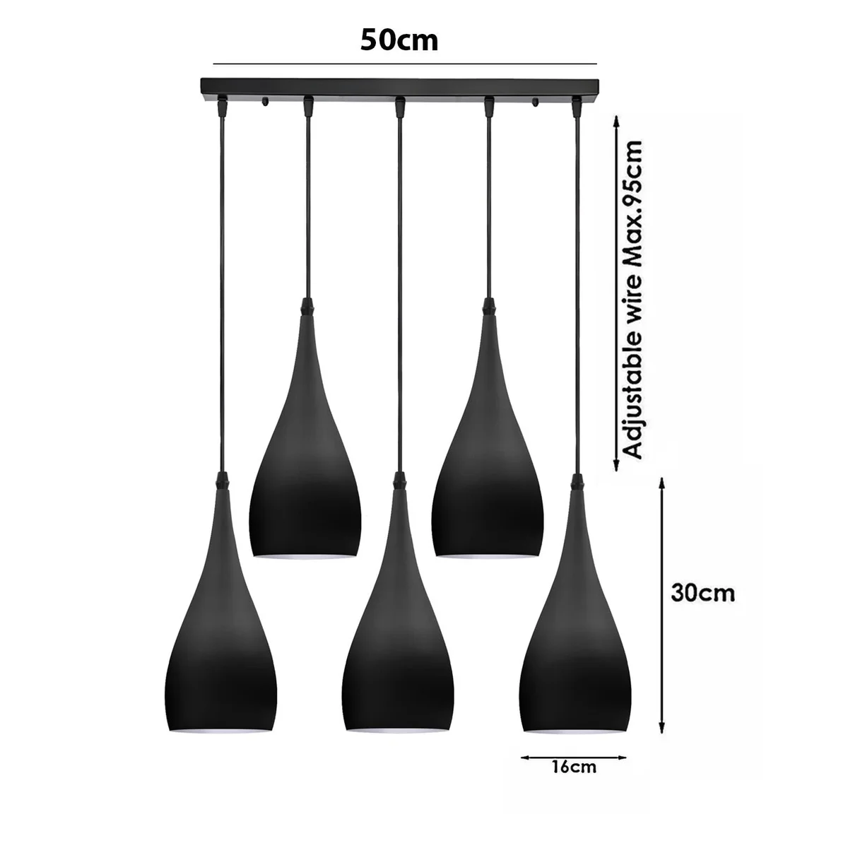 Five‑shaded teardrop 5 way pendant lamp in high‑gloss metal and PVC, adjustable 95cm cord, available in red, black, green or yellow.