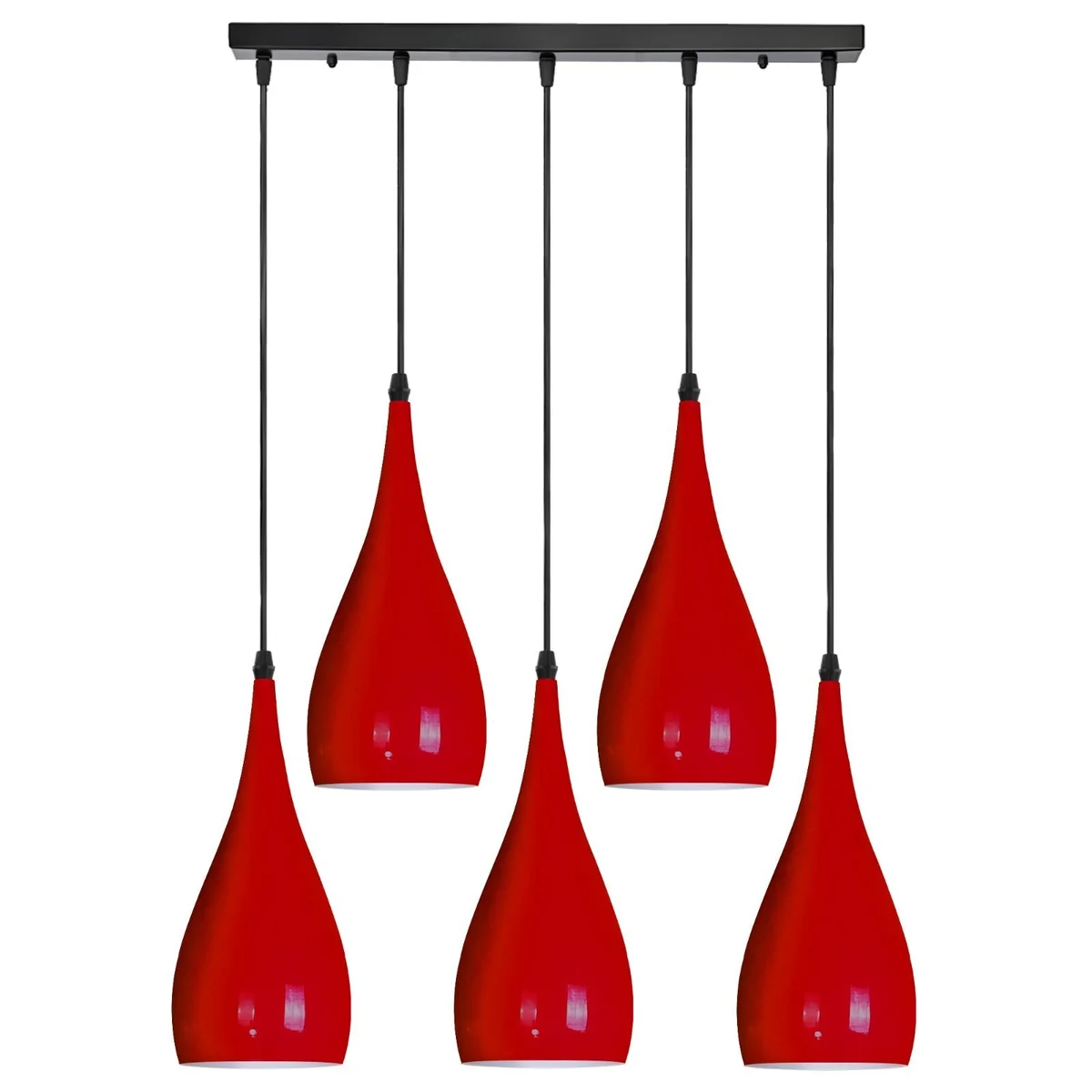 Five‑shaded teardrop pendant light with high‑gloss metallic frame, suspended on long cord.