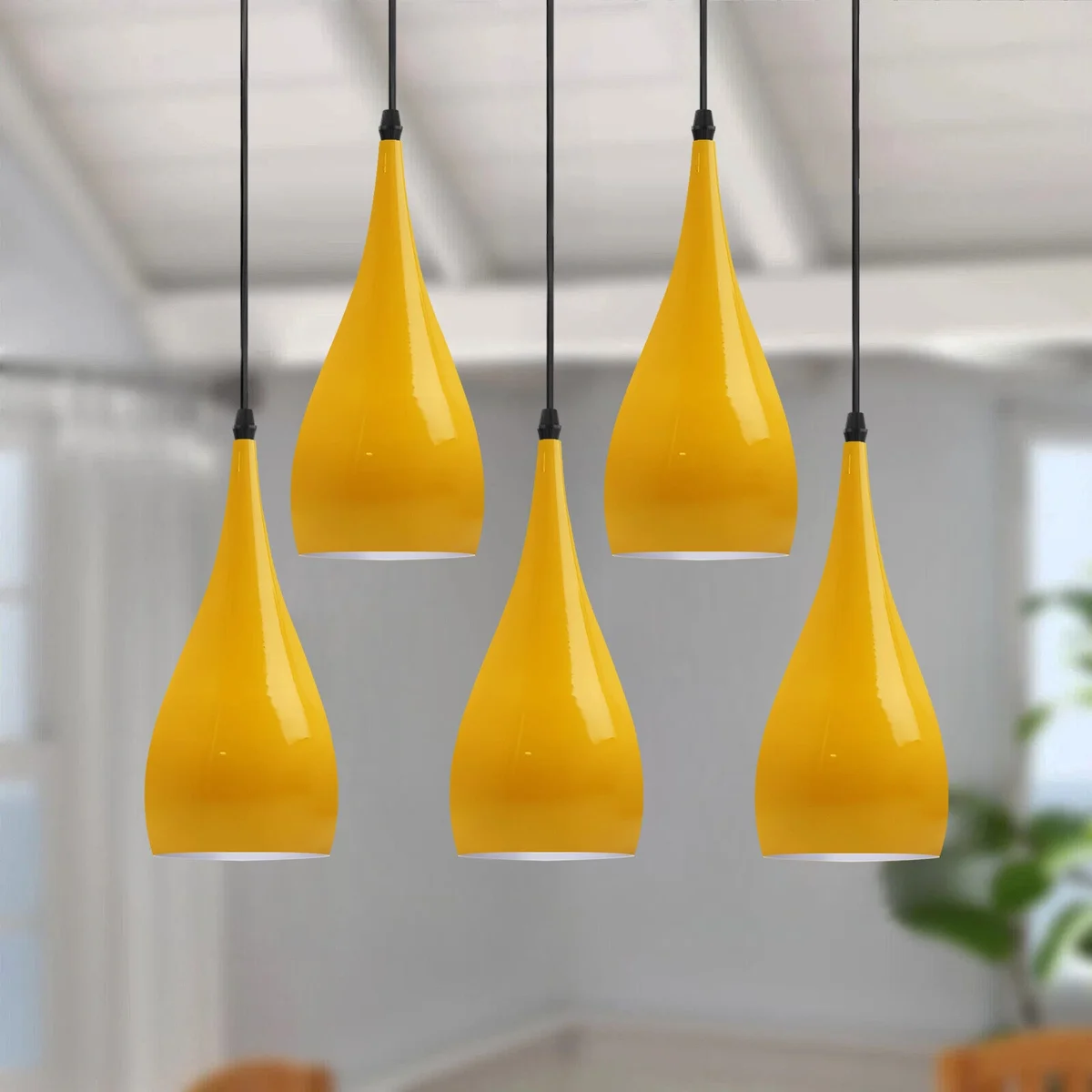 colourful ceiling pendant with five teardrop metal shades, each 95cm cable, glossy finish