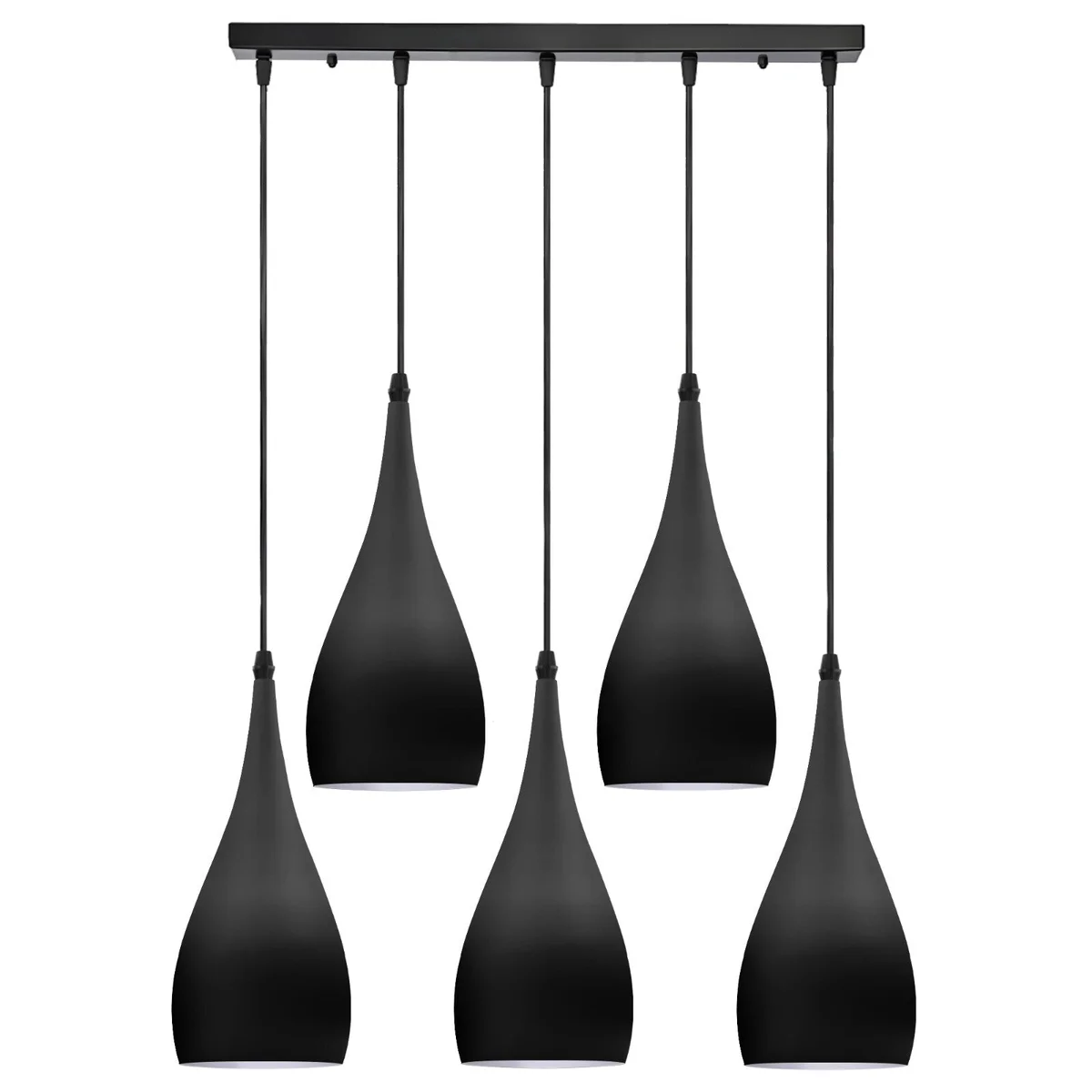 Vintage 5‑way industrial pendant ceiling light with five teardrop metal shades, high‑gloss finish, adjustable 95cm cables, available in red, green, yellow or black.