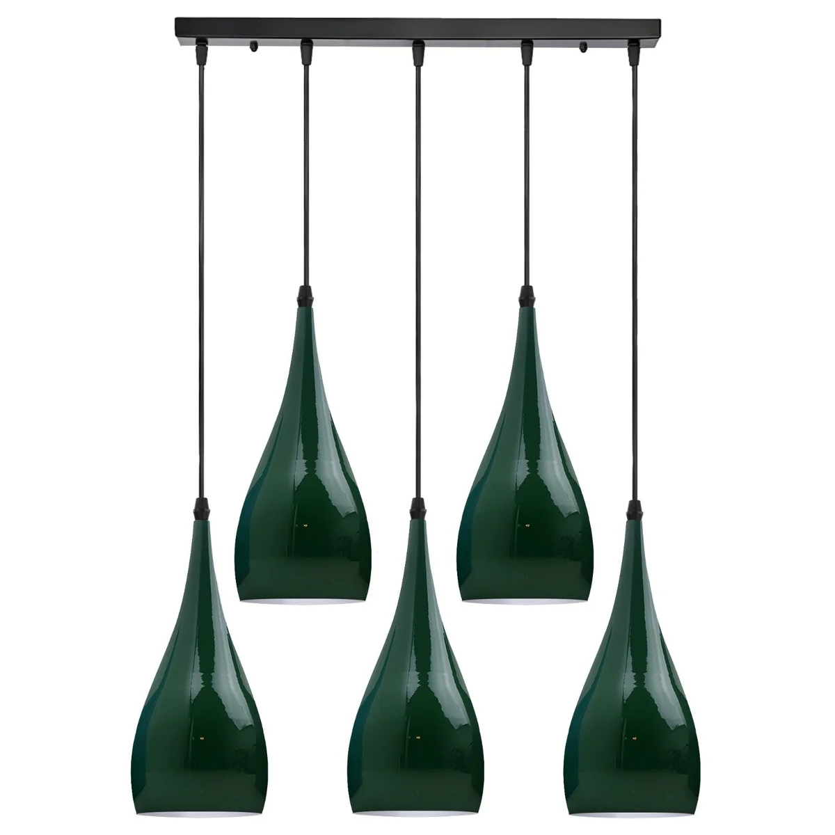 Vintage industrial pendant ceiling light with five teardrop metal shades and adjustable 95cm cable, in bright Red or Black.