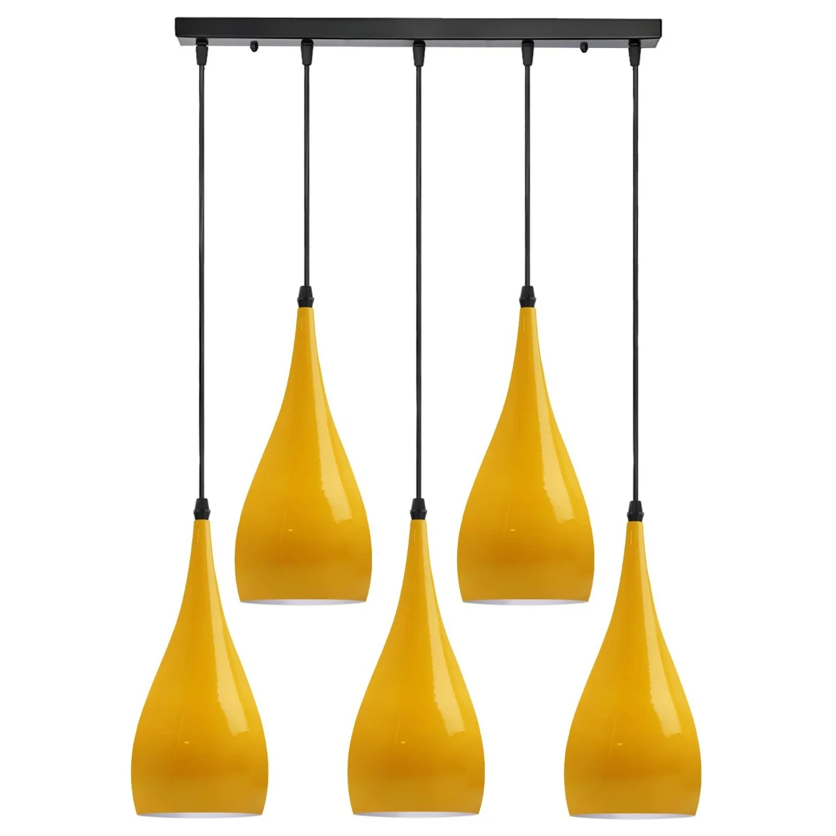 Five teardrop industrial pendant ceiling light shades hanging from a metal base with 95cm cords.