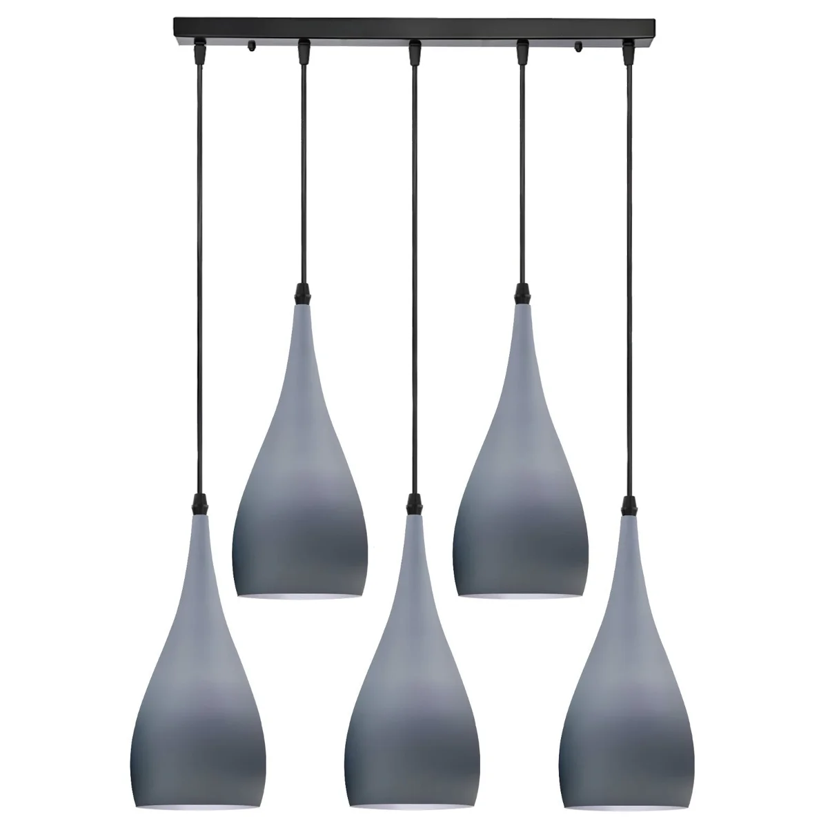 Five teardrop metal shades hang from a single black industrial pendant ceiling light