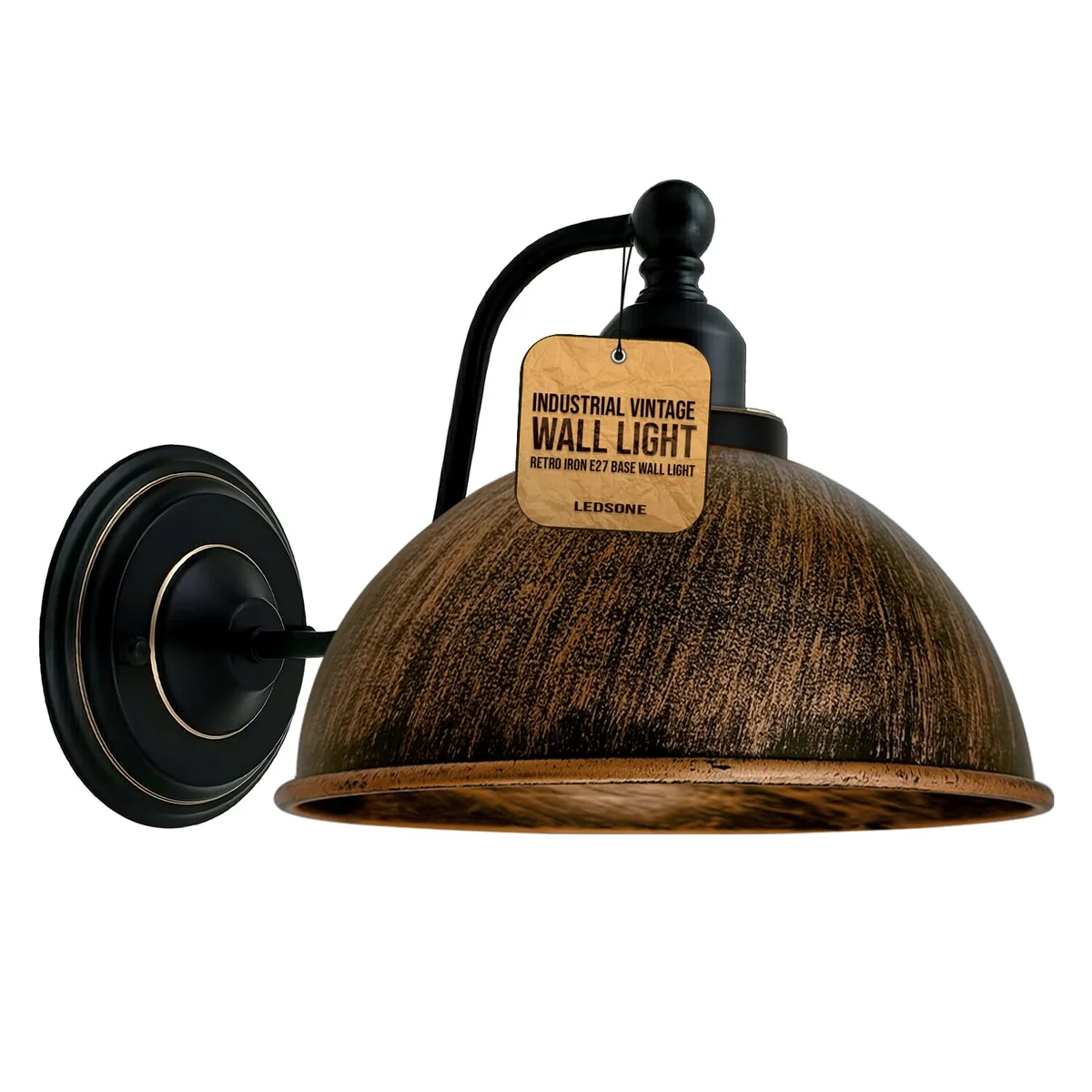 Industrial wall lamp with 21cm metal shade, E27 socket, vintage style, seen hanging on wall.