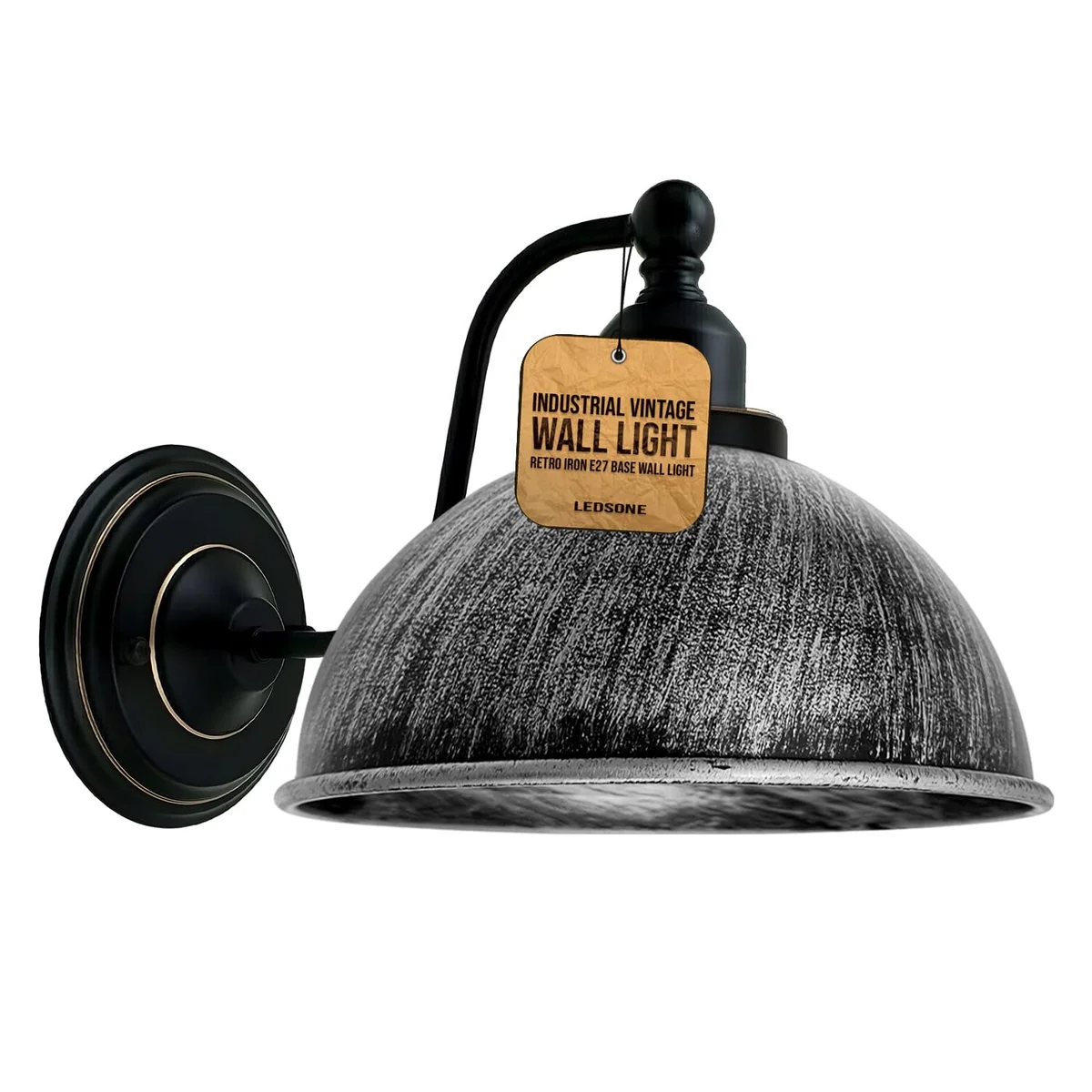 Vintage metal industrial wall lamp with round metal shade hanging on a wall, clamp and polished surface.