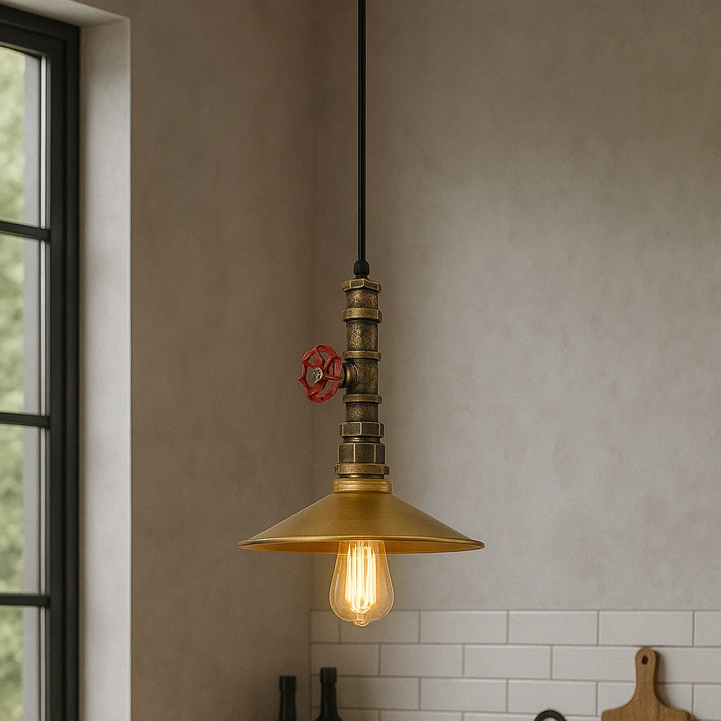 Vintage ceiling pendant light with brushed brass metal flat shade in industrial retro loft style hanging fixture