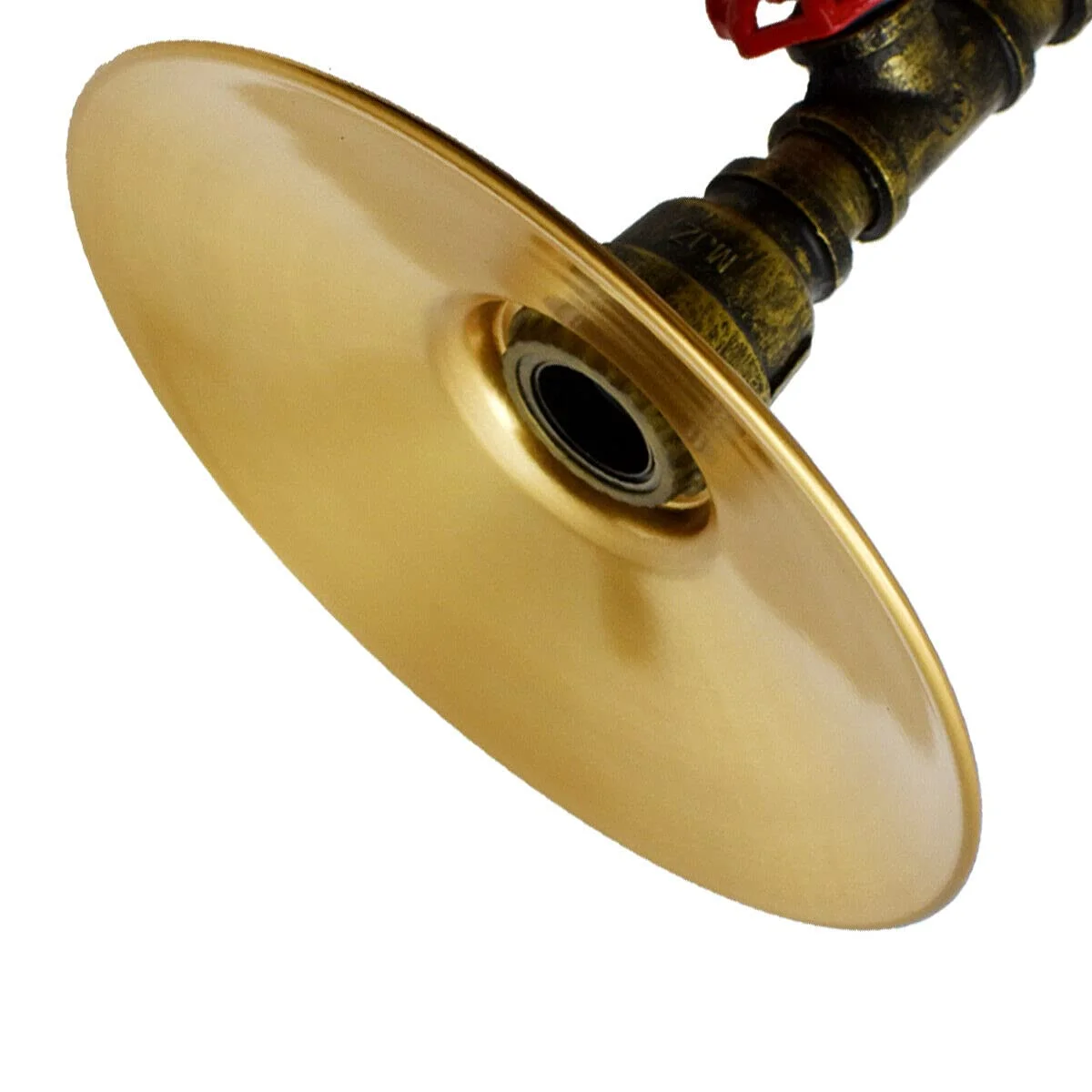 Vintage industrial metal shade ceiling light with flat brushed brass shade hanging from water pipe fixture