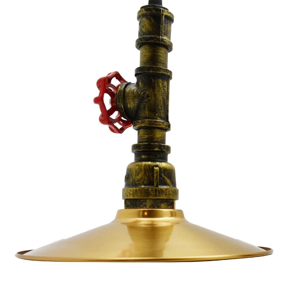 Vintage loft style ceiling pendant light with brushed brass metal flat shade and E27 screw bulb light fitting visible