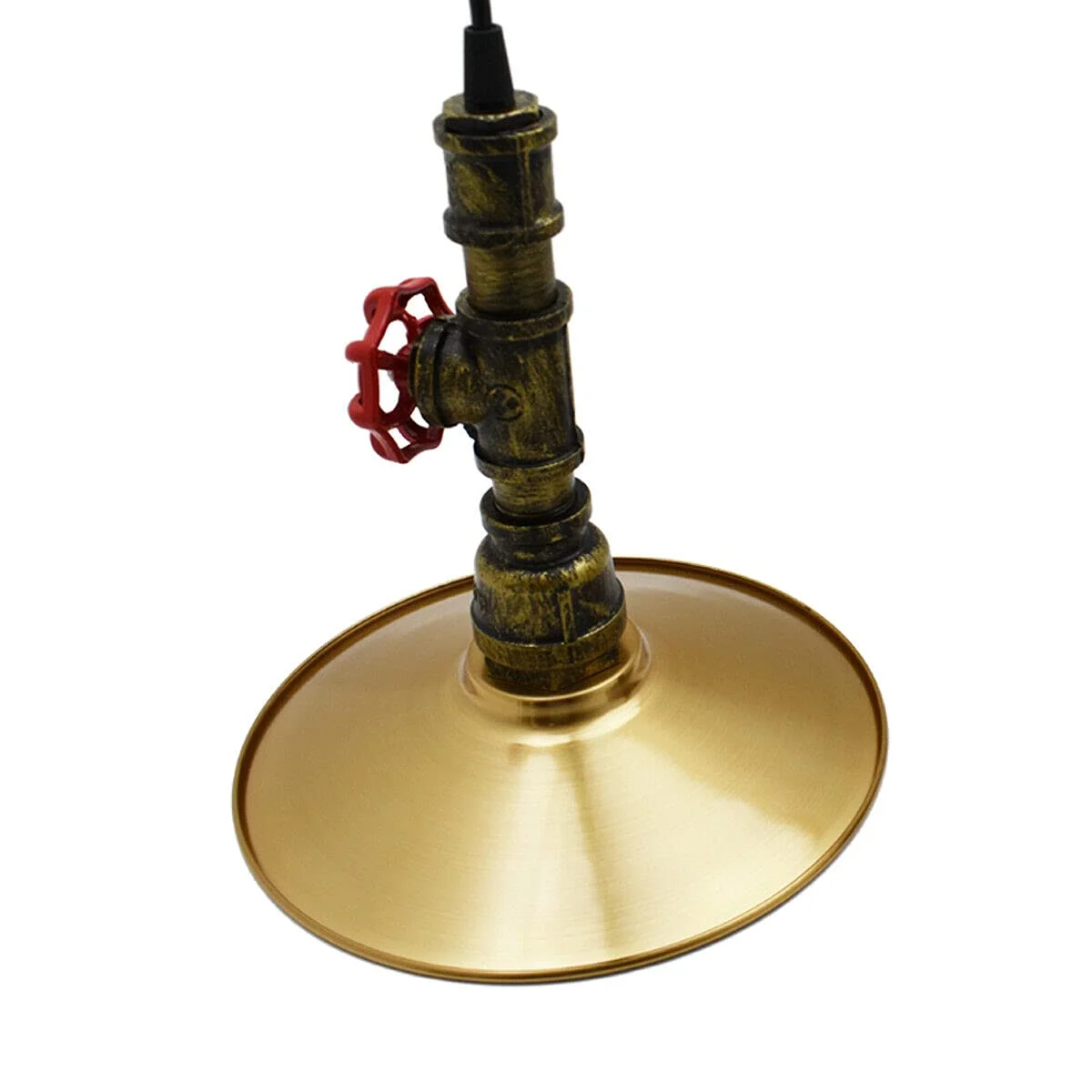 Brushed brass pendant light with flat metal shade in vintage industrial loft style, suitable for cafes and kitchens