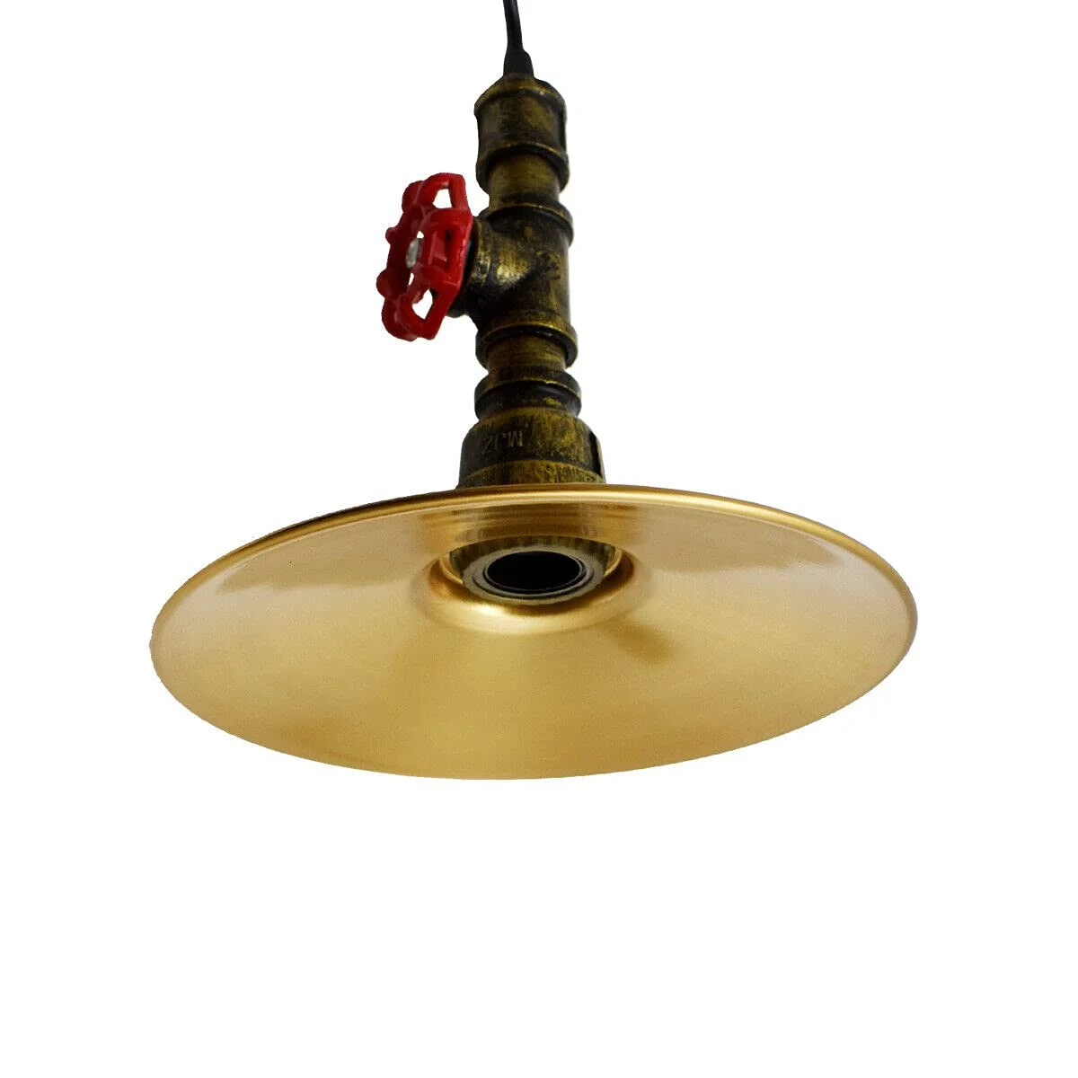Retro style ceiling lamp with brushed brass metal flat shade hanging in industrial loft setting