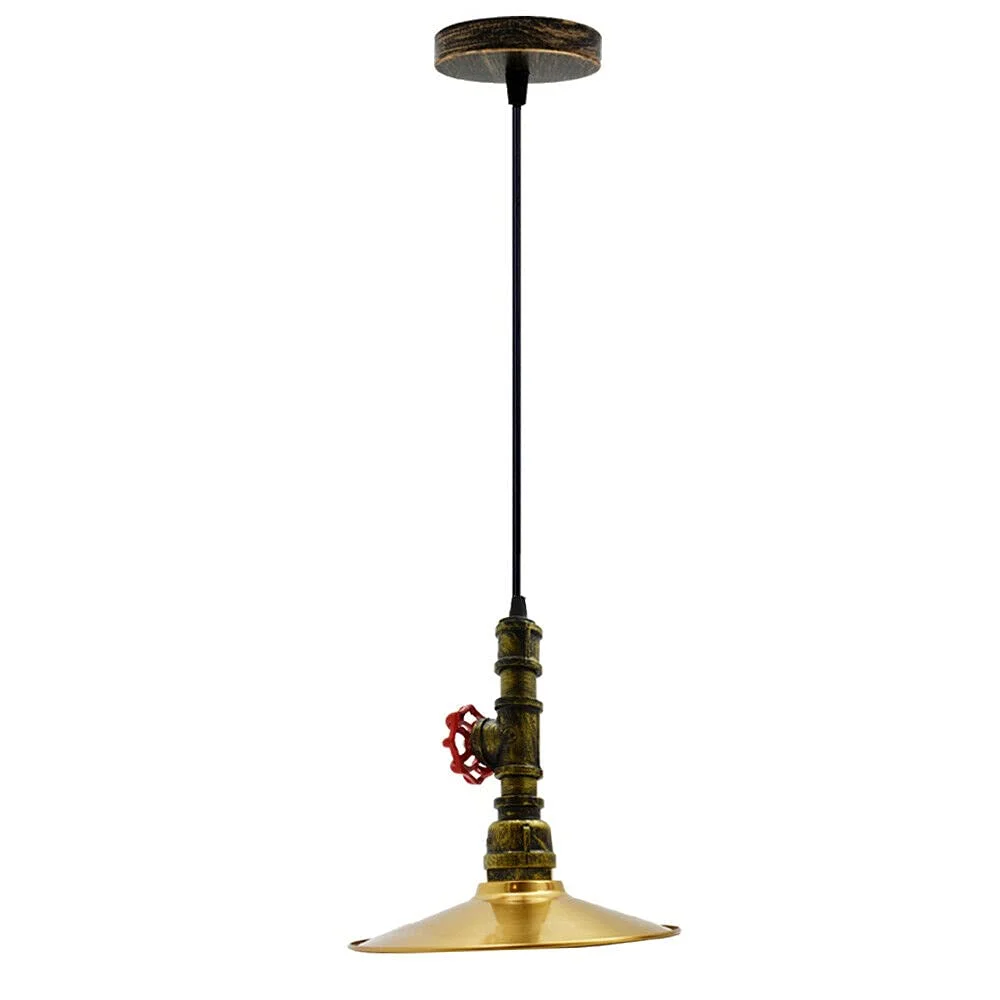 Vintage ceiling pendant light with brushed brass flat metal shade and industrial retro design hanging from ceiling
