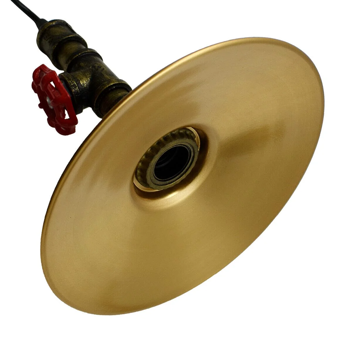 Vintage ceiling pendant light with industrial metal flat shade in brushed brass, suitable for cafe or kitchen lighting