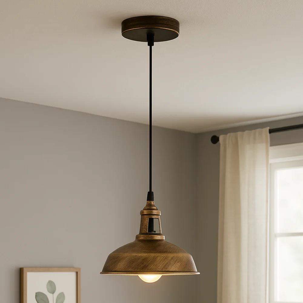 Vintage pendant light with black slotted metal shade, adjustable 900mm flex, ideal for kitchen or bedroom ceilings