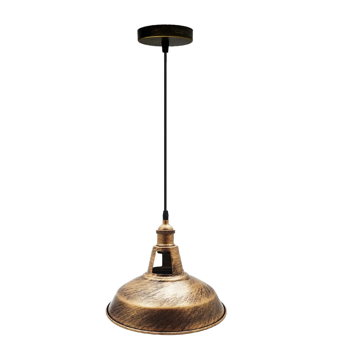 Black metal pendant light with slotted industrial shade, adjustable flex, and ceiling rose for bedroom or kitchen island lighting