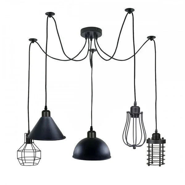 5-way industrial style ceiling light with mixed metal shades and adjustable 2m hanging wires in black and brass finish