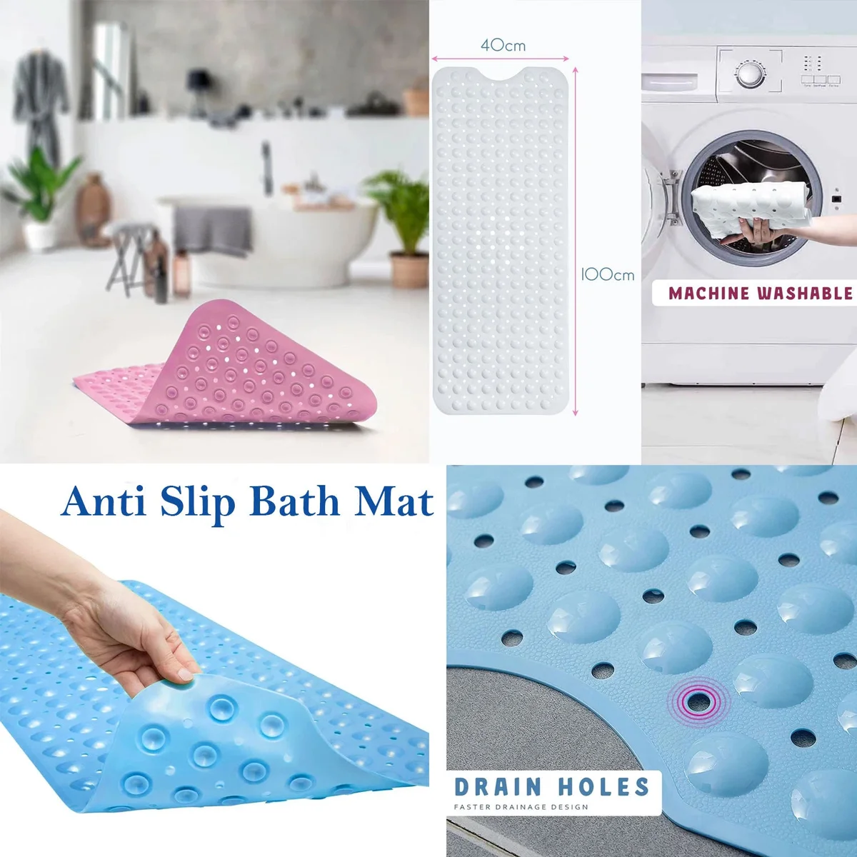 Blue non slip shower mat with textured surface, suction cups, and drainage holes for safe, quick-drying bath use
