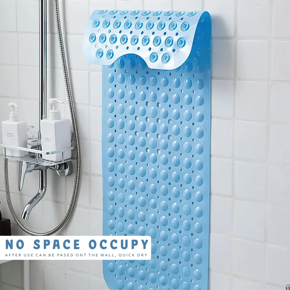 Blue anti bacterial bath mat with non slip suction cups, raised bubbles, and multiple drain holes for safe shower use