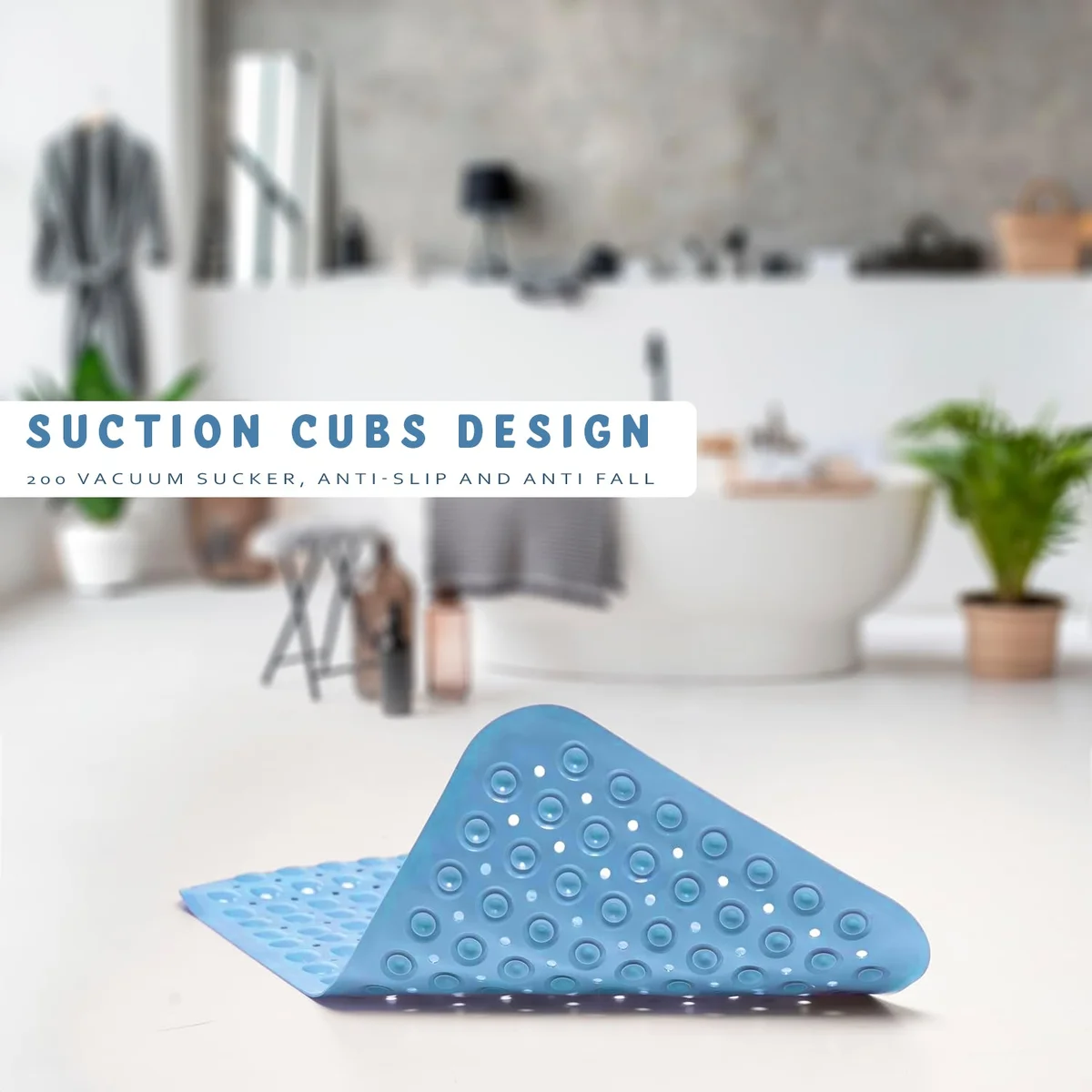 Blue soft shower mat with raised bubbles, suction cups, and drainage holes for non-slip safety in the bath or shower