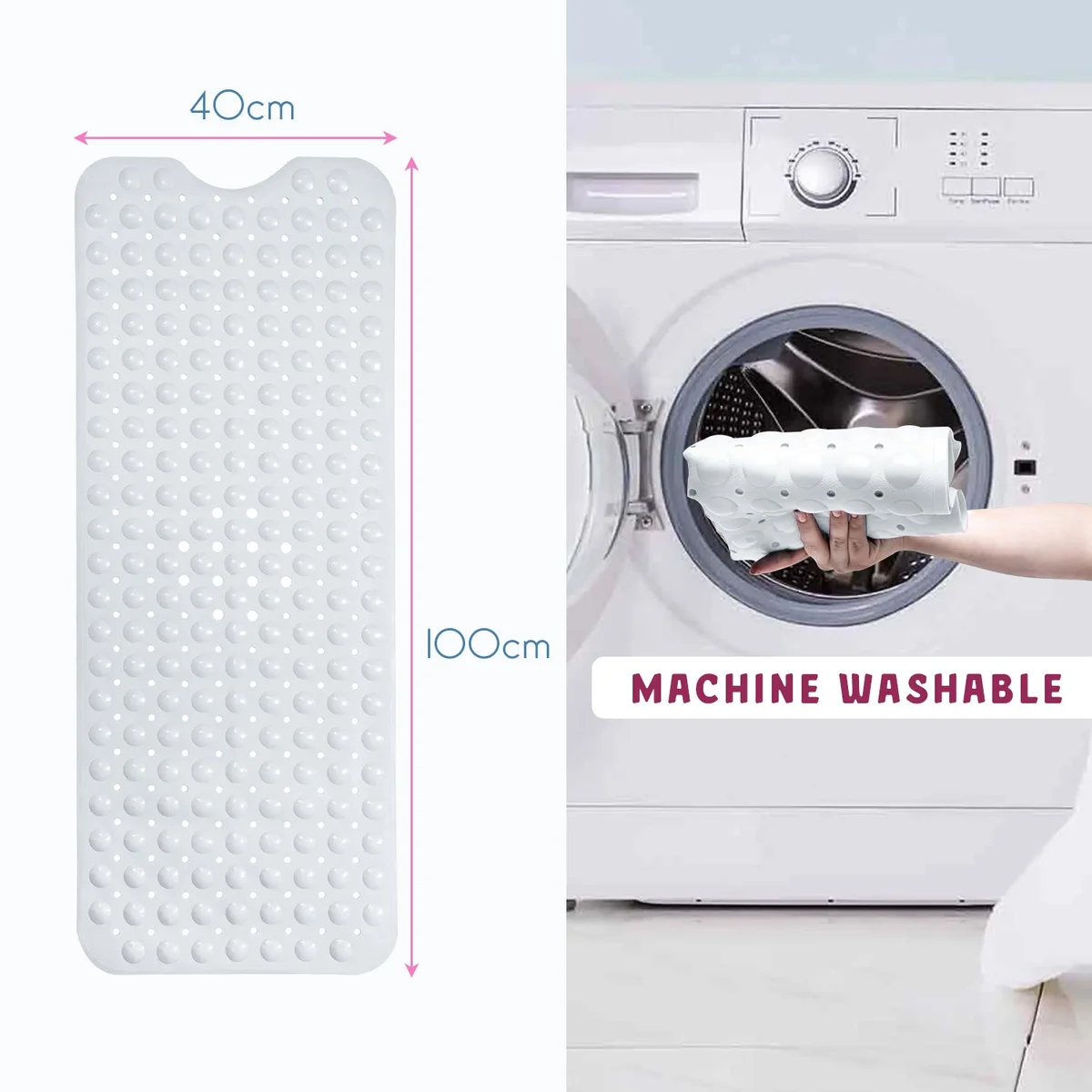 Blue anti-bacterial bath mat with drainage holes, non-slip grip, textured surface, and strong suction cups for secure placement