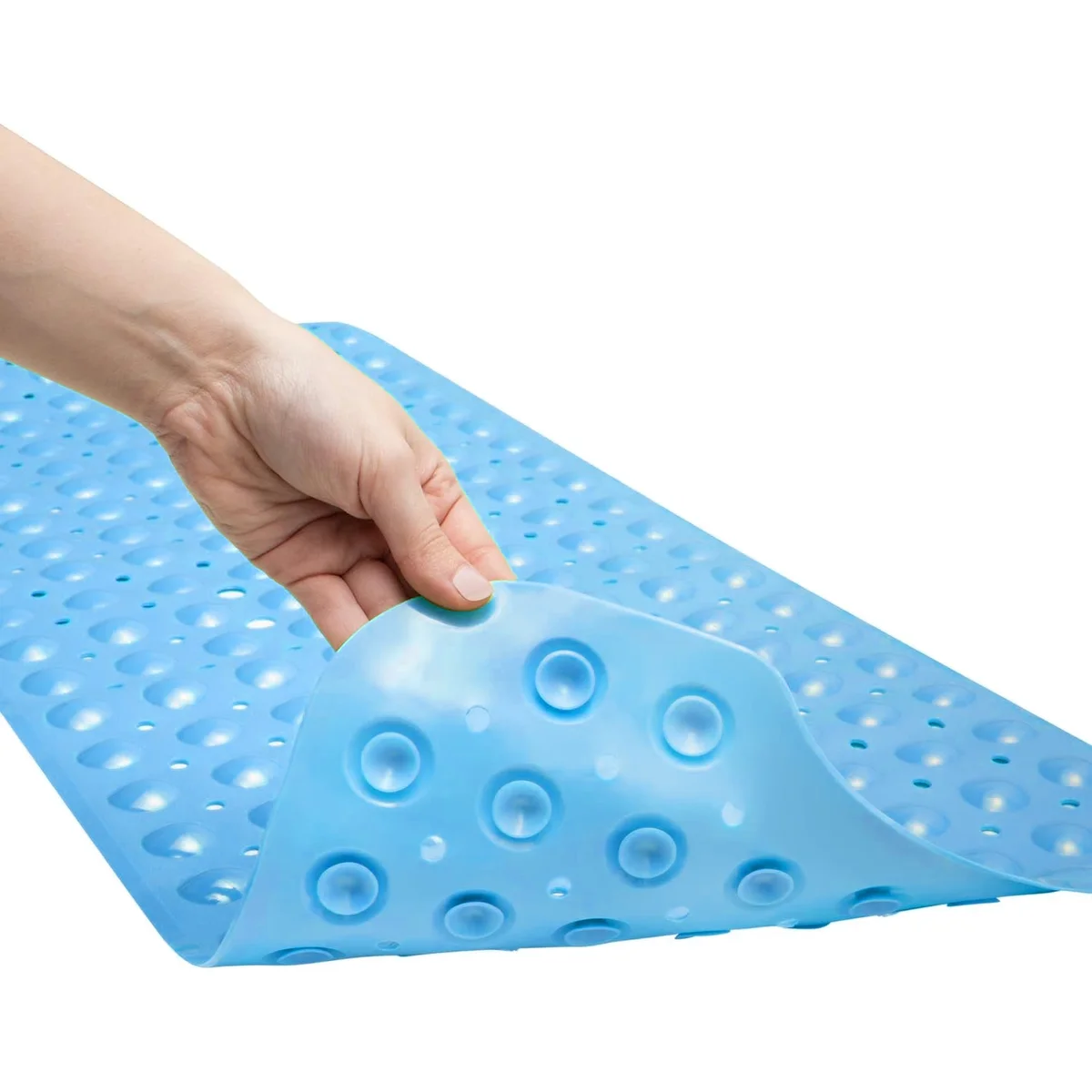 Blue rubber shower mat with raised bubbles, suction cups, and drainage holes for non-slip safety in the shower or bath