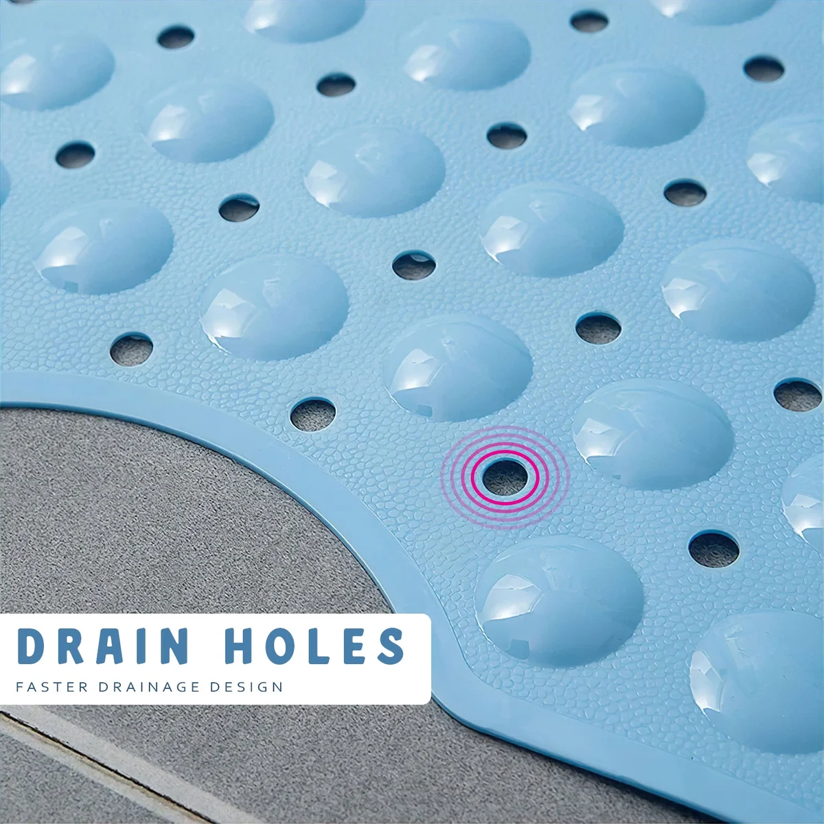 Blue bath mat non slip with textured bubbles, suction cups, and drainage holes for safe, quick-dry shower use