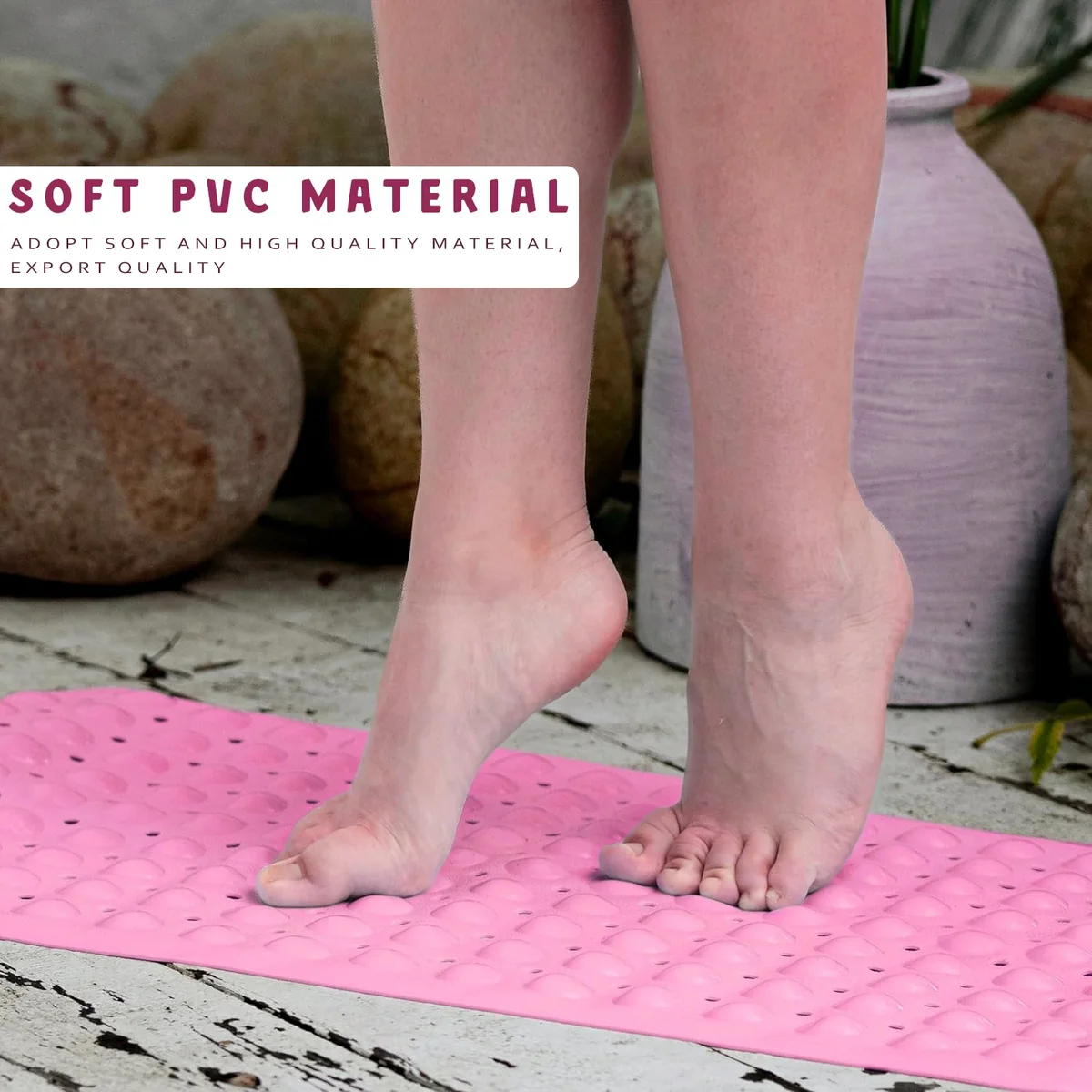 Blue non slip shower mat with suction cups, textured bubbles, and multiple drain holes for safe, quick-dry use in shower