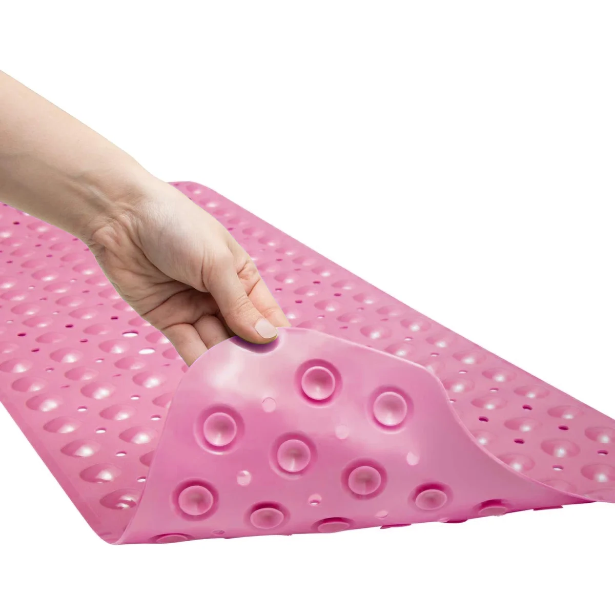 Blue anti-bacterial non slip shower mat with suction cups, raised bubbles, and drainage holes on white background