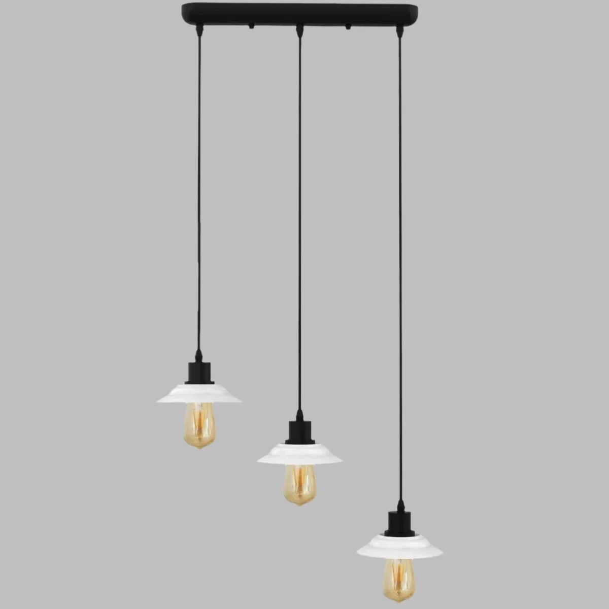 Modern ceiling pendant light with three black PVC and ceramic cluster shades on 110cm cables and 45cm ceiling plate