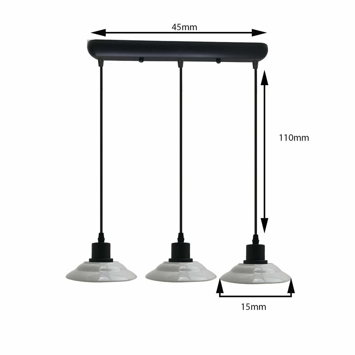 Black PVC ceramic pendant light with three E27 lamp holders and 110cm cables hanging from a ceiling plate
