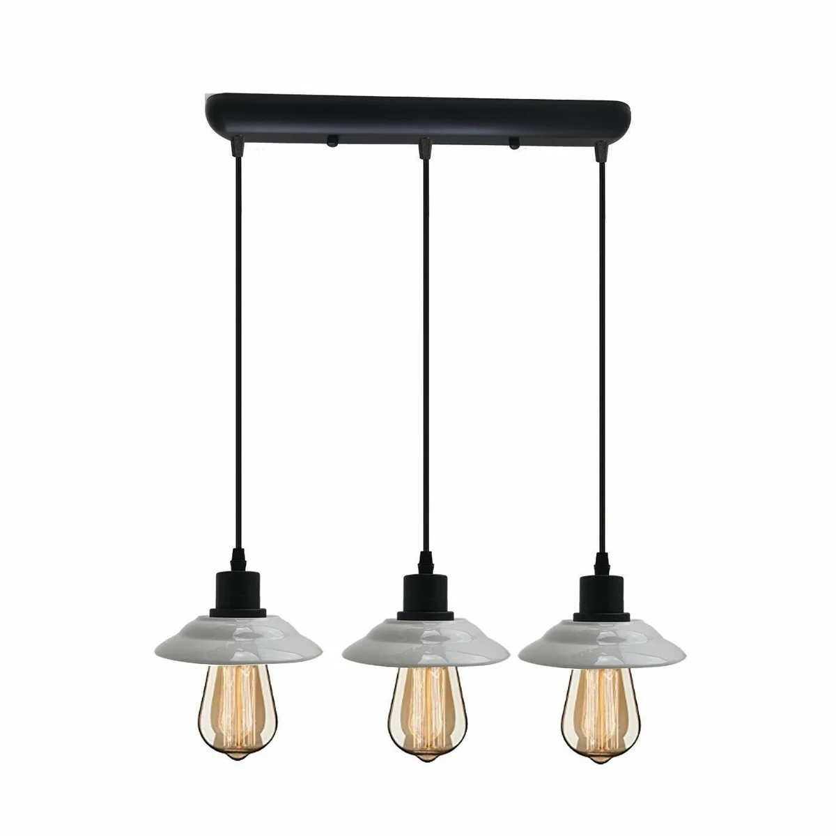 Black modern dimmable pendant light fitting with three E27 lamp holders and 110cm cables hanging from ceiling plate