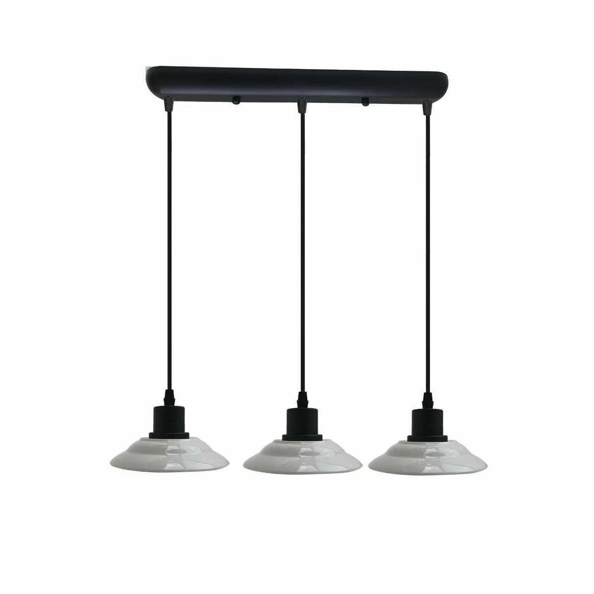 Modern ceiling pendant light with three black PVC and ceramic fixtures, E27 lamp holders, and 110cm cables hanging from ceiling plate