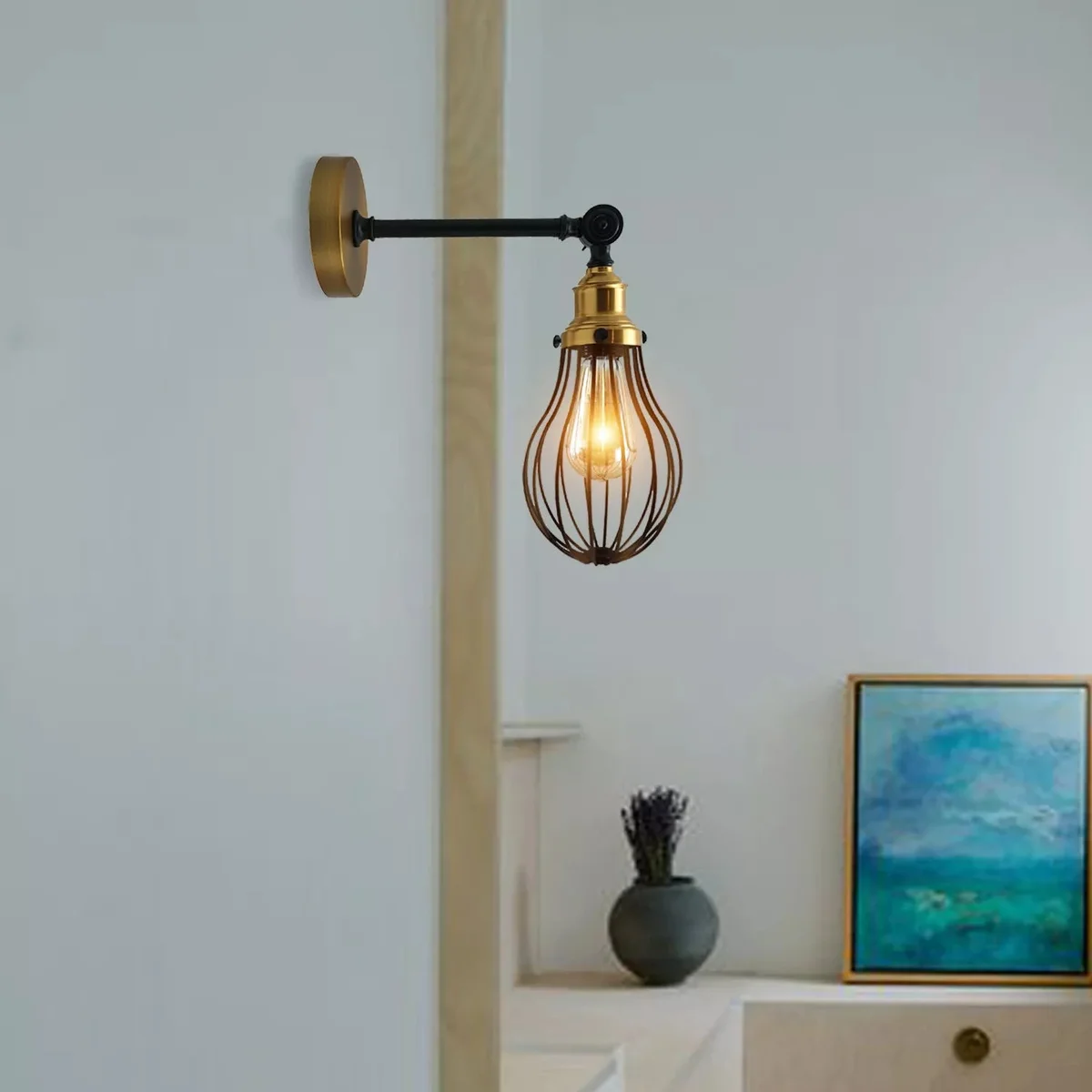 Black metal lamp cage with brushed copper finish, vintage industrial style, easy fit for table or ceiling light fixture