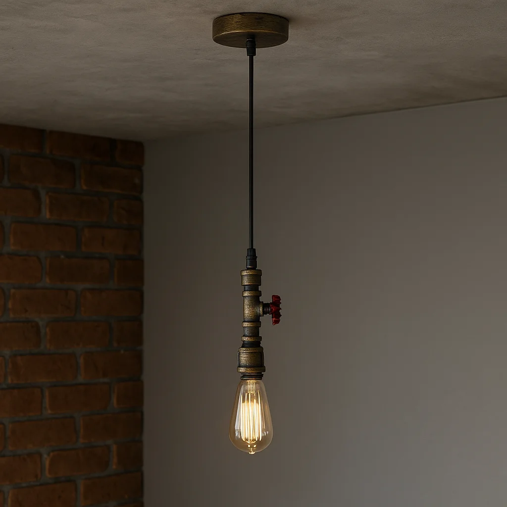 Brushed brass industrial pipe pendant light with red valve detail and adjustable hanging cable, vintage steampunk style ceiling lamp