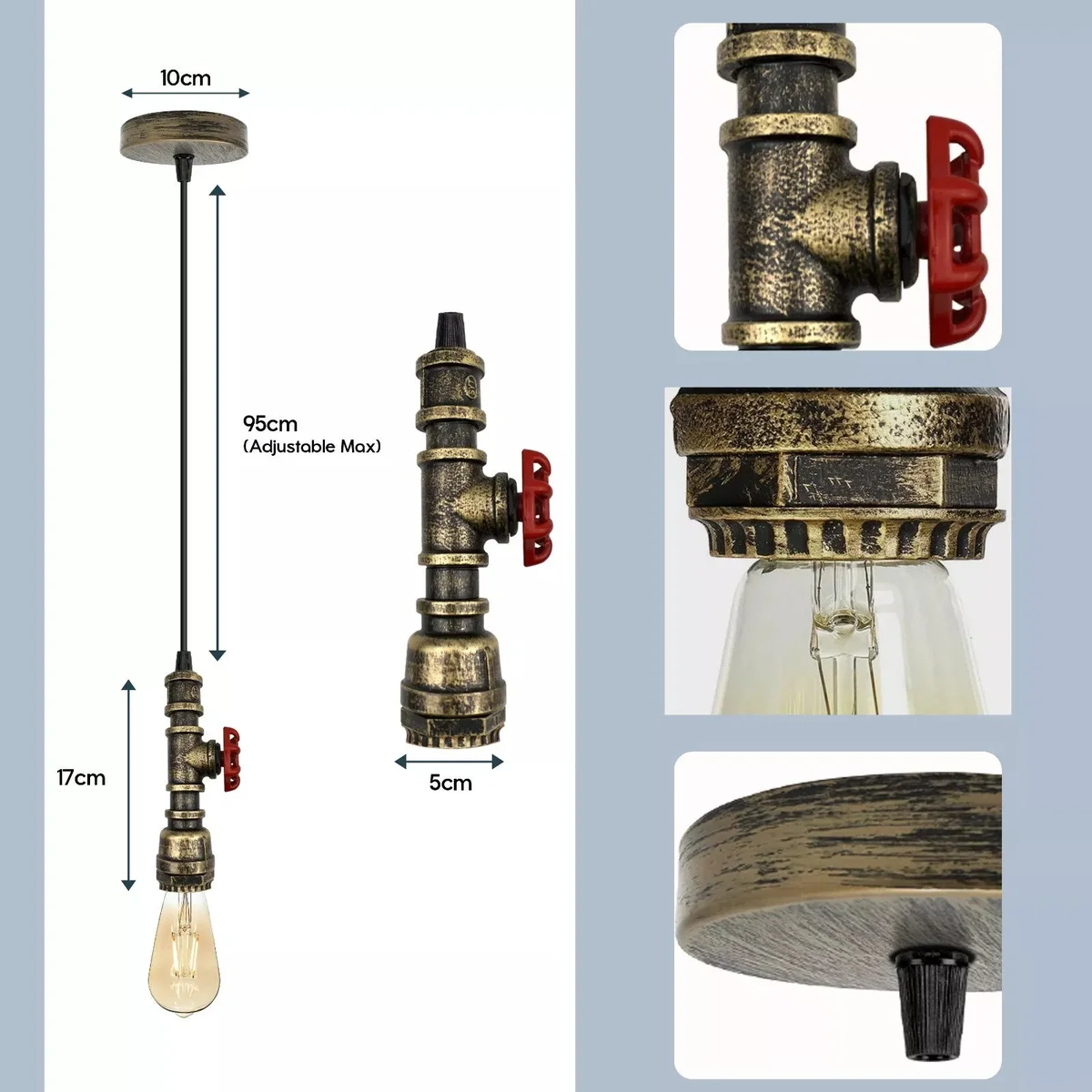 Brushed brass steampunk pendant light with exposed pipe design and red valve detail, adjustable hanging cable included