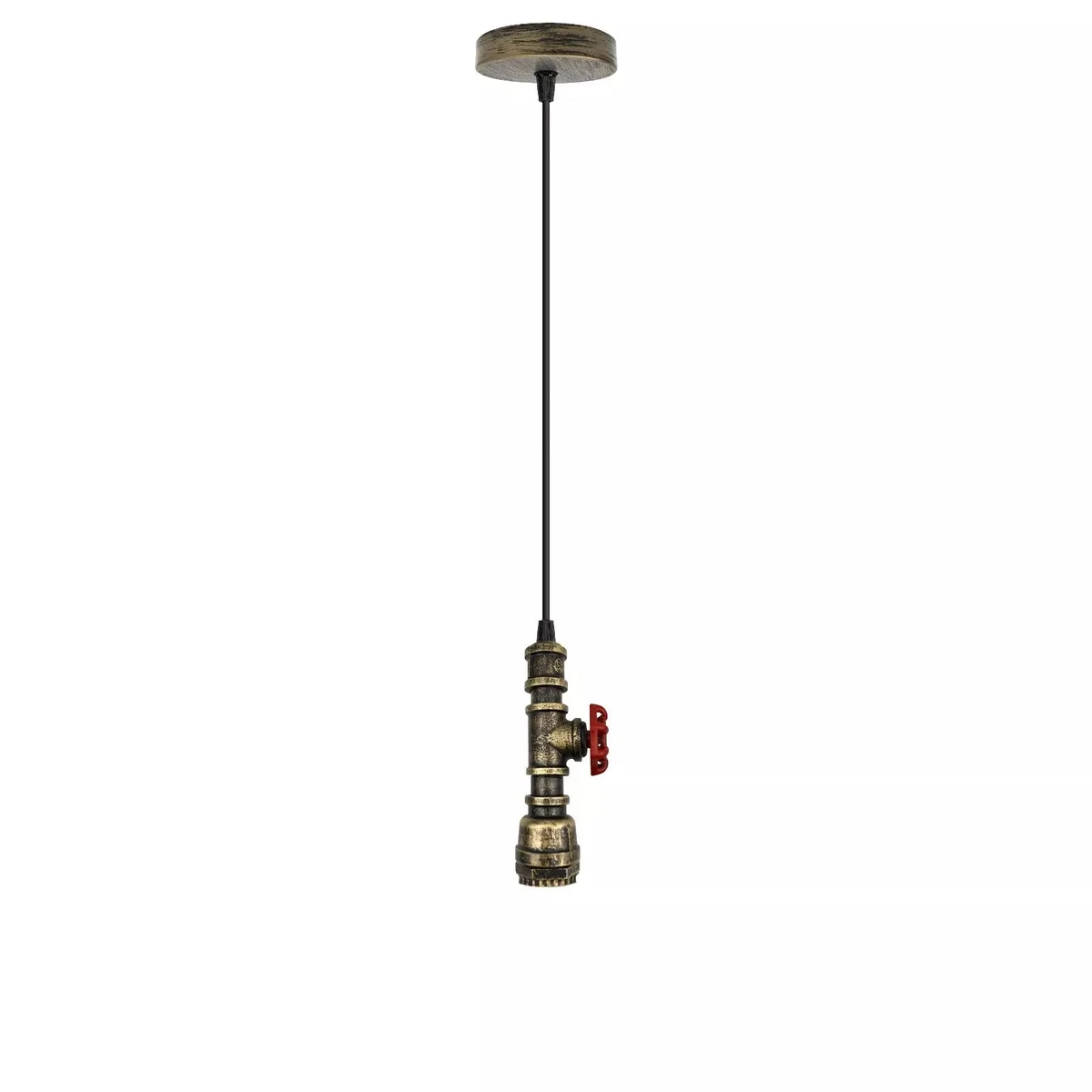 Vintage industrial pendant light with brass water pipe design and red valve, hanging from adjustable cable against white background