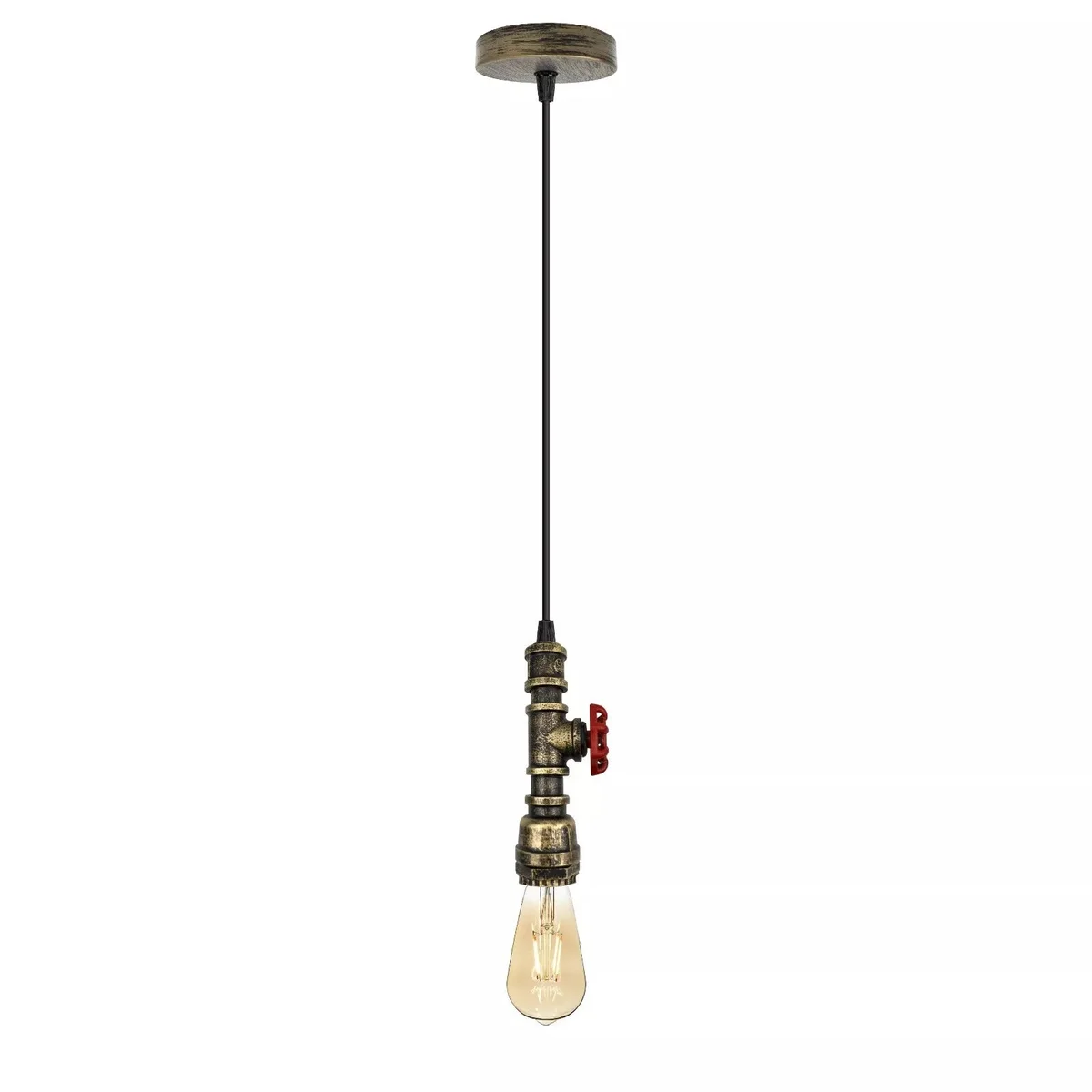 Vintage industrial steampunk E27 pendant light with brushed brass metal pipes and red valve detail hanging from ceiling