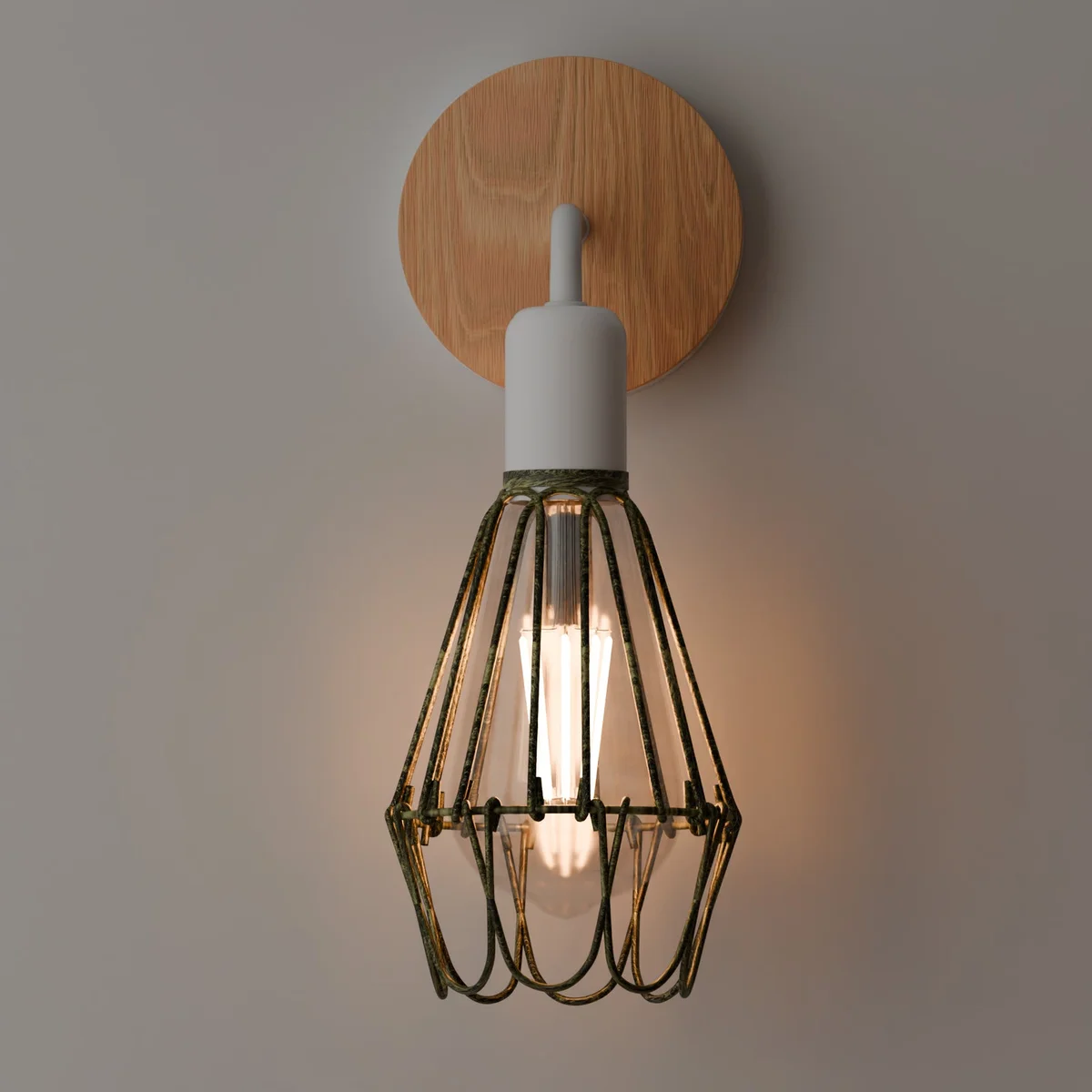 White metal retro wall sconce with wire cage design and E27 bulb holder, suitable for indoor vintage lighting.