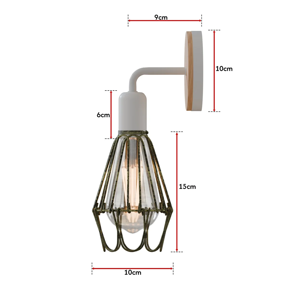 White metal industrial wall light with wire cage, E27 bulb holder, retro vintage style, wall mounted design