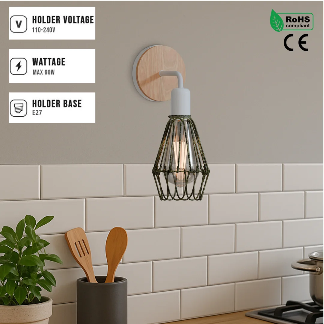White retro E27 wall lamp with metal wire cage and wooden arm, suitable for indoor vintage lighting decor