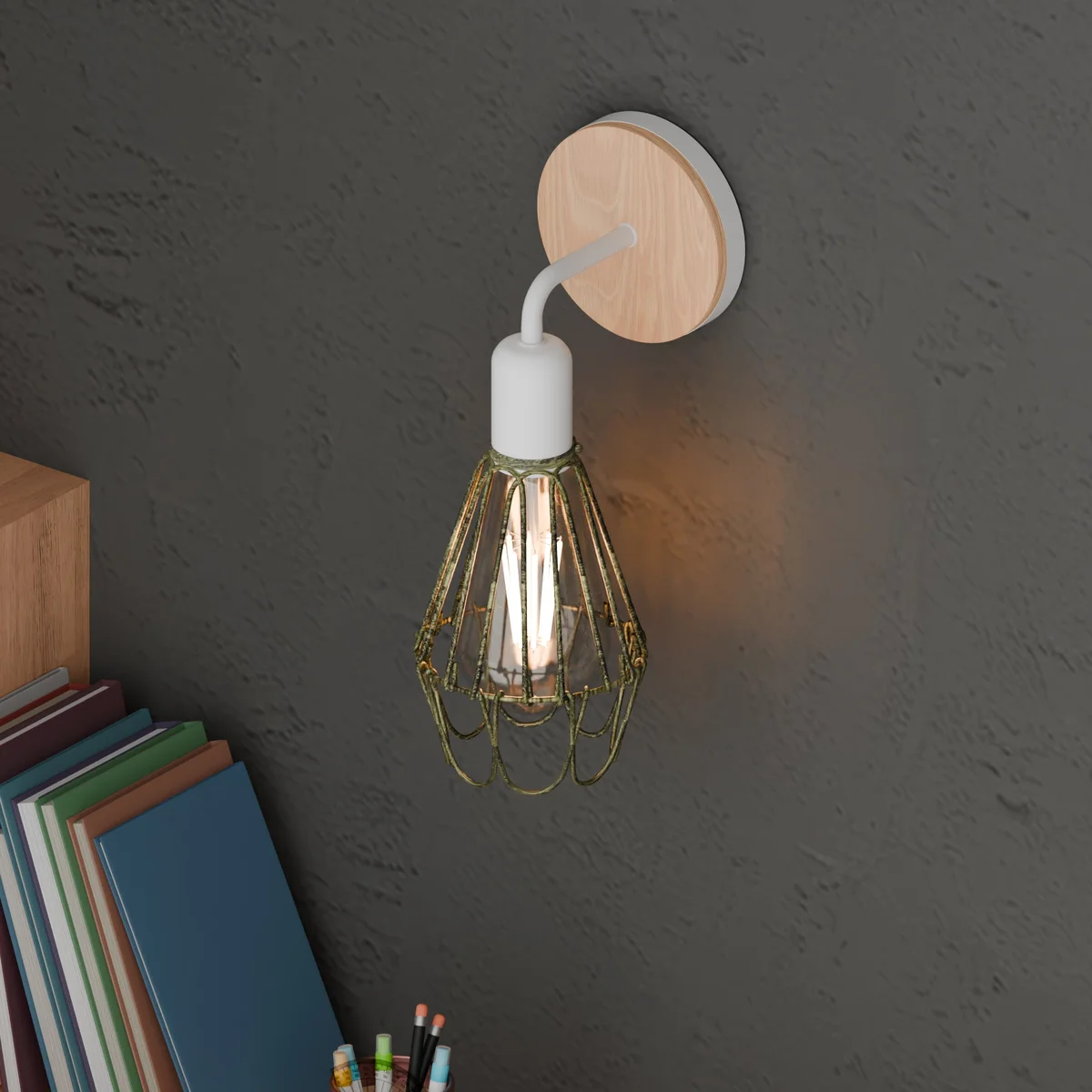 White metal cage sconce wall lamp with E27 bulb holder and retro industrial design mounted on white wall