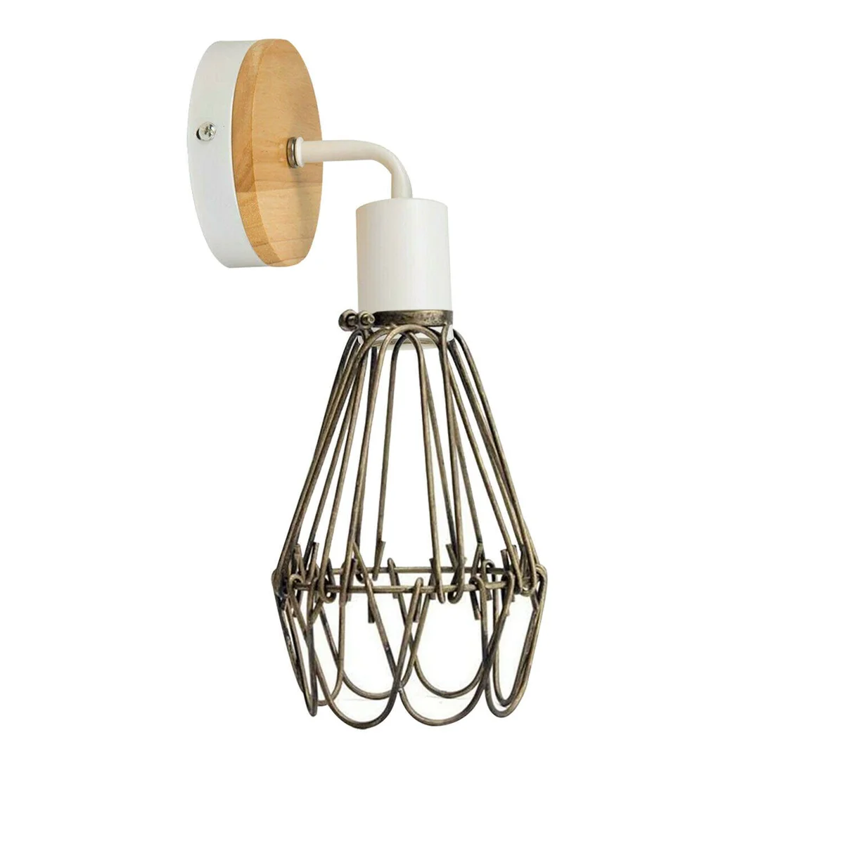 White metal caged vintage wall lighting with E27 bulb holder, mounted on a wall, showing retro industrial design details