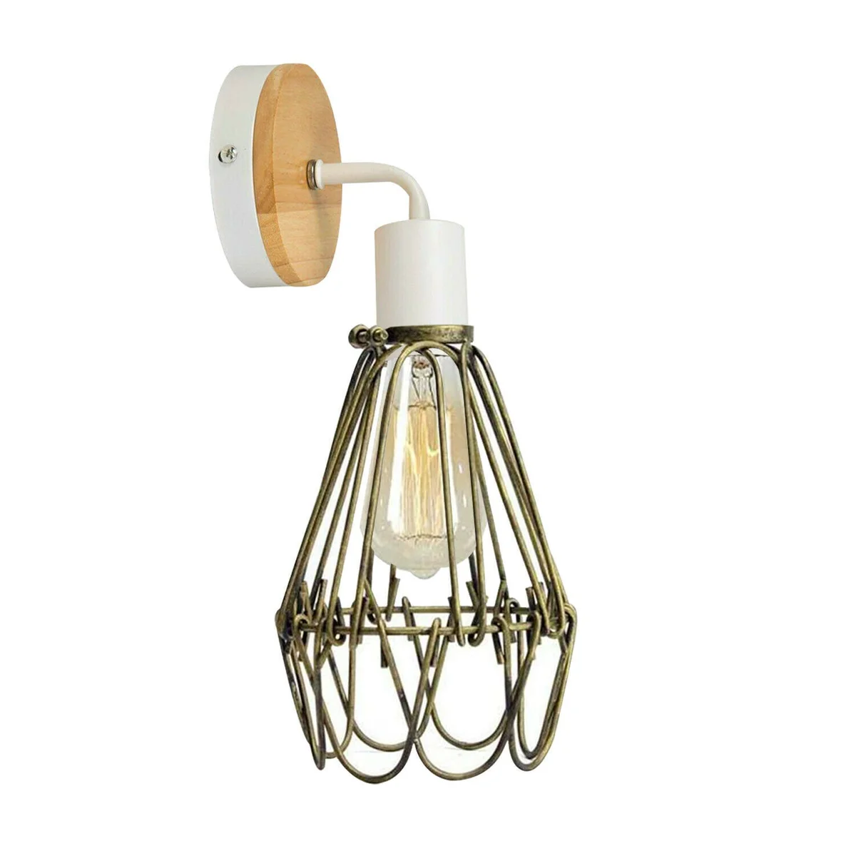 White metal caged indoor wall lamp with E27 bulb holder and retro industrial design mounted on white wall