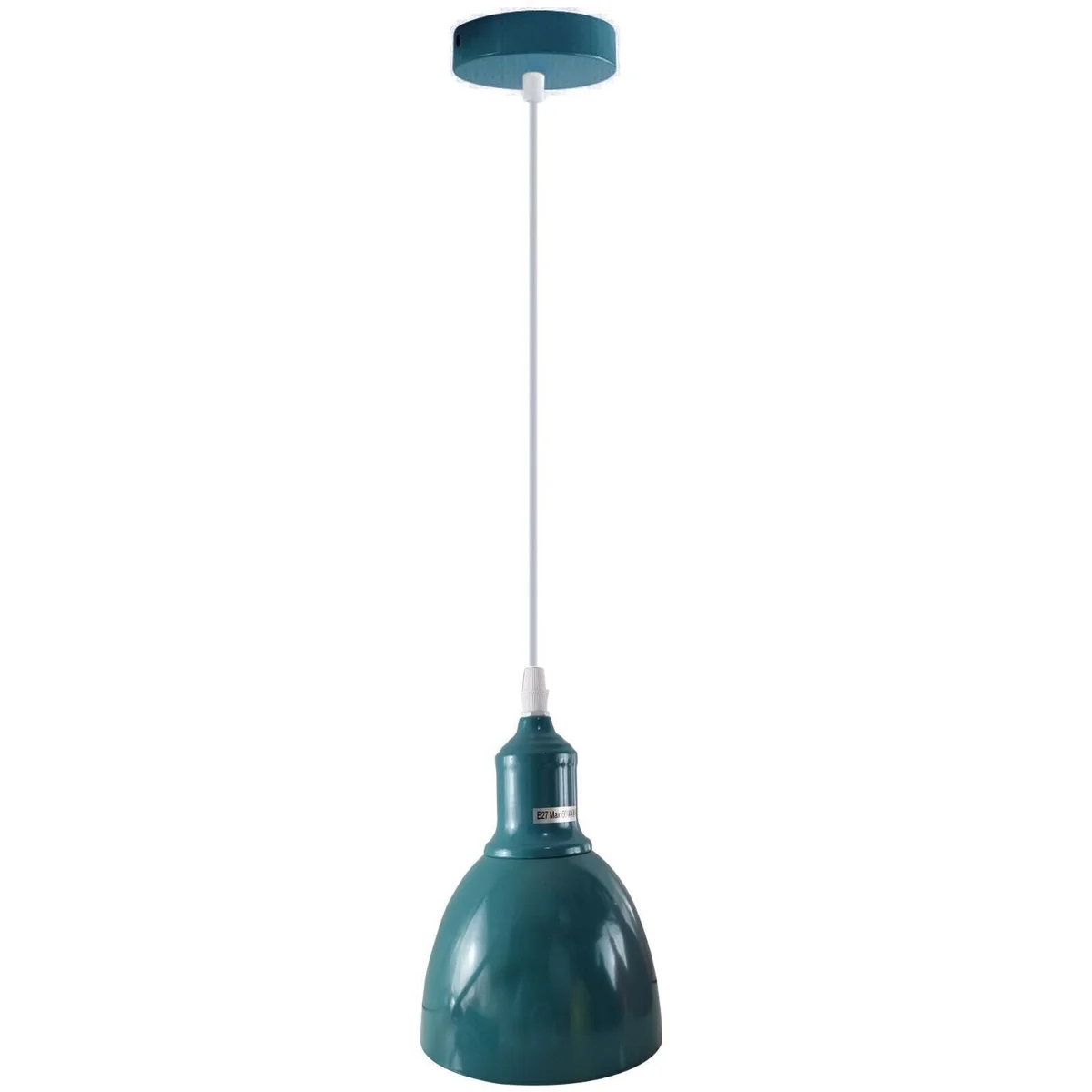 Cyan blue industrial vintage E27 pendant light with adjustable 95cm cable and metal shade hanging from ceiling