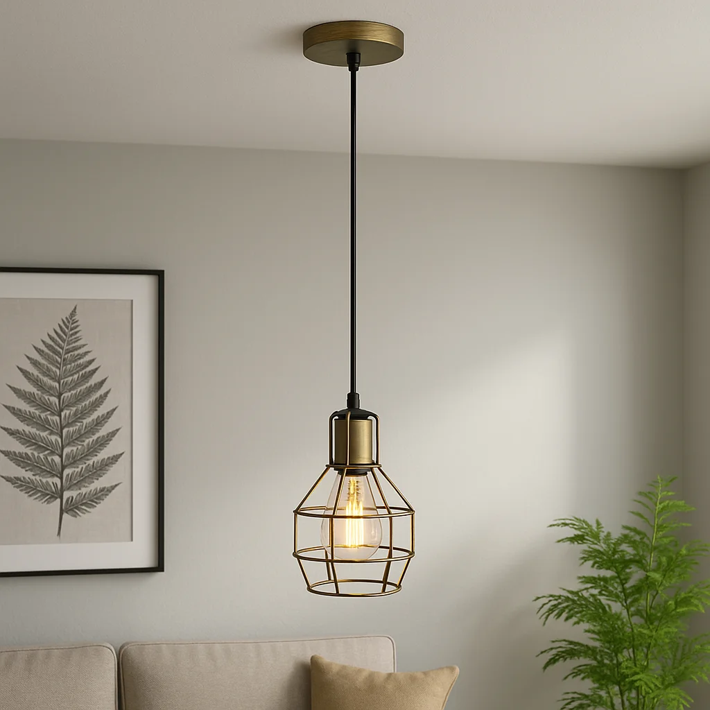 Industrial pendant light with metal cage and round base, 20cm high, vintage retro style perfect for indoor use