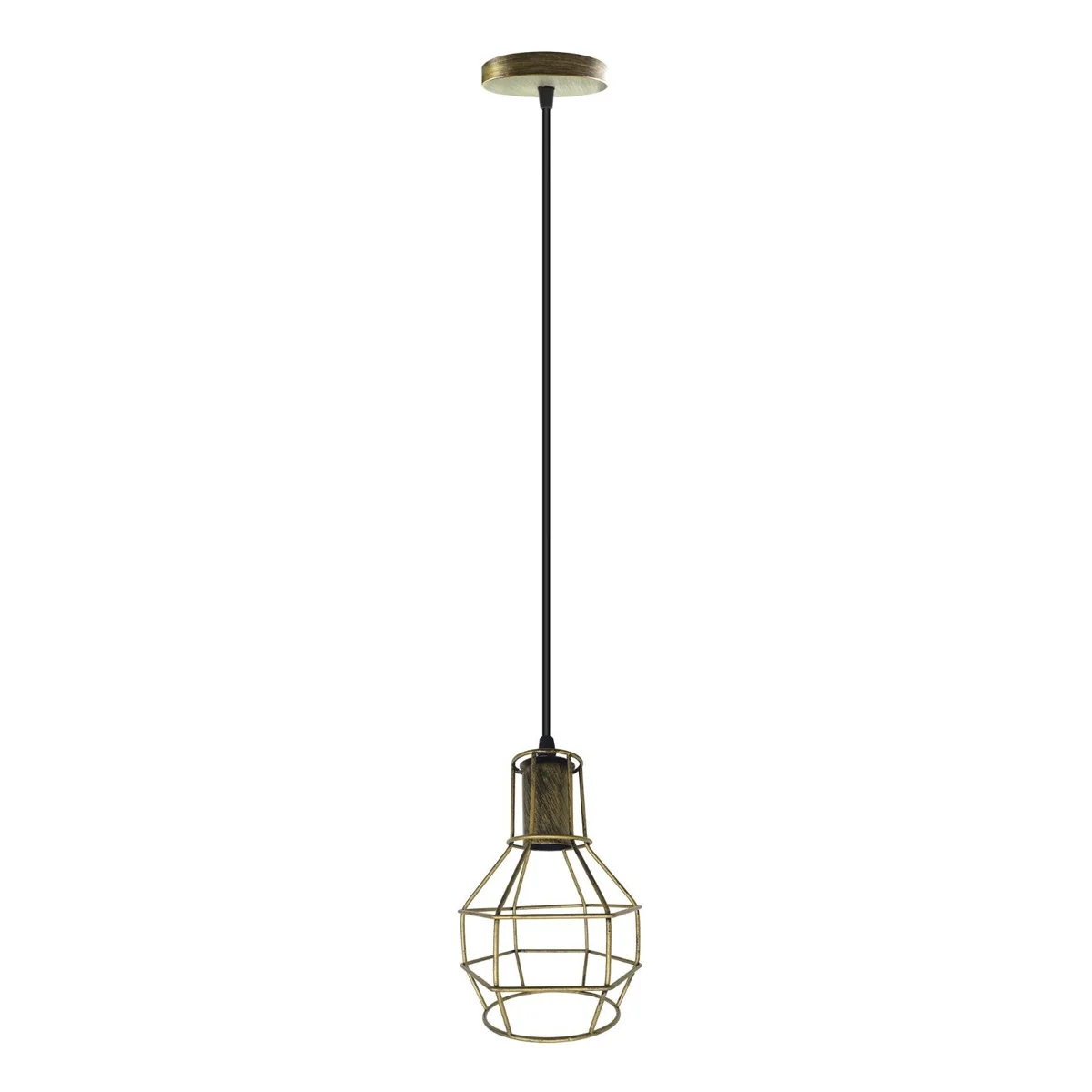 Vintage pendant lamp with metal wire cage and round ceiling base, featuring a geometric nest‑shaped design.