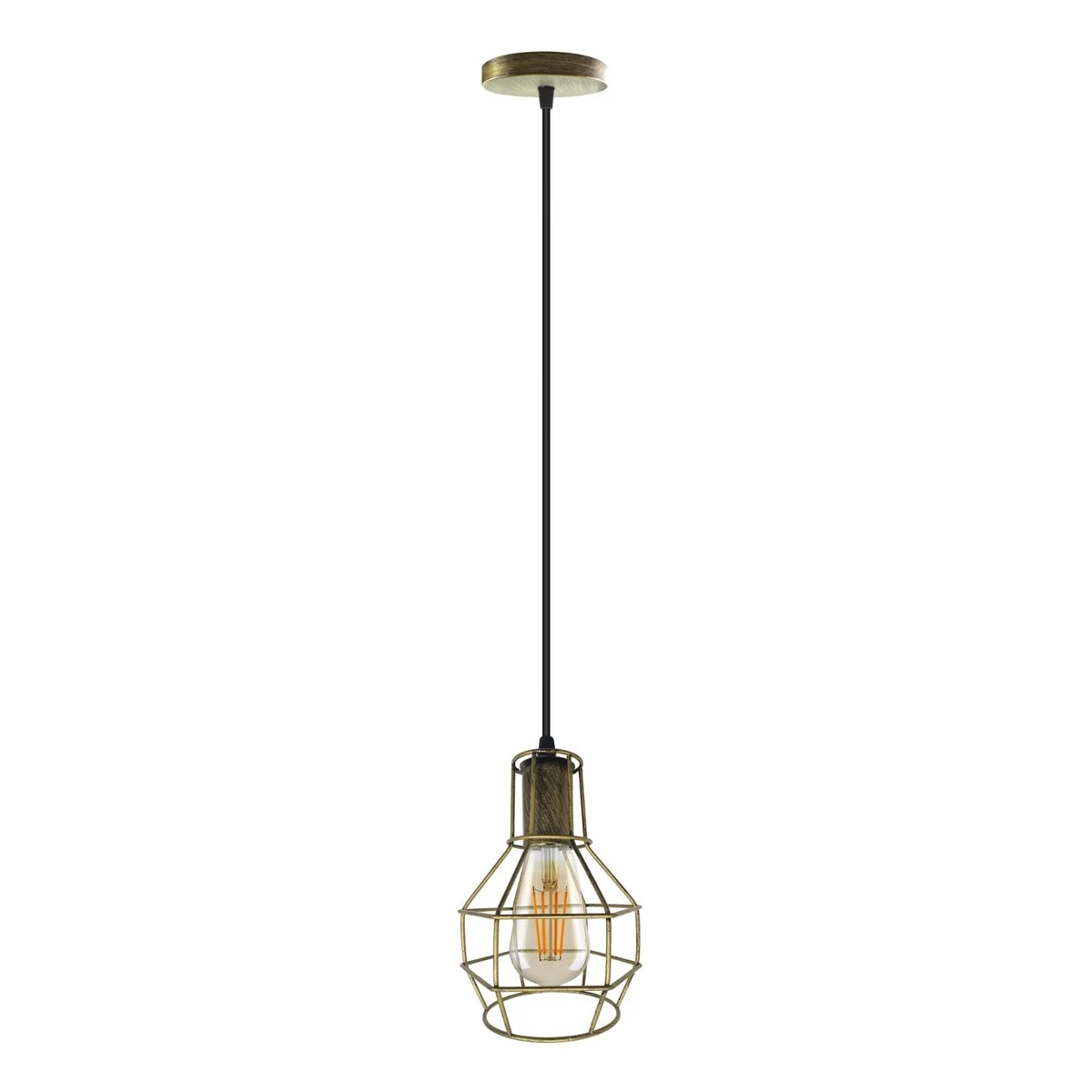 Vintage metal cage ceiling light with geometric round base, classic textured wire cage shade, hanging with flexible cord.