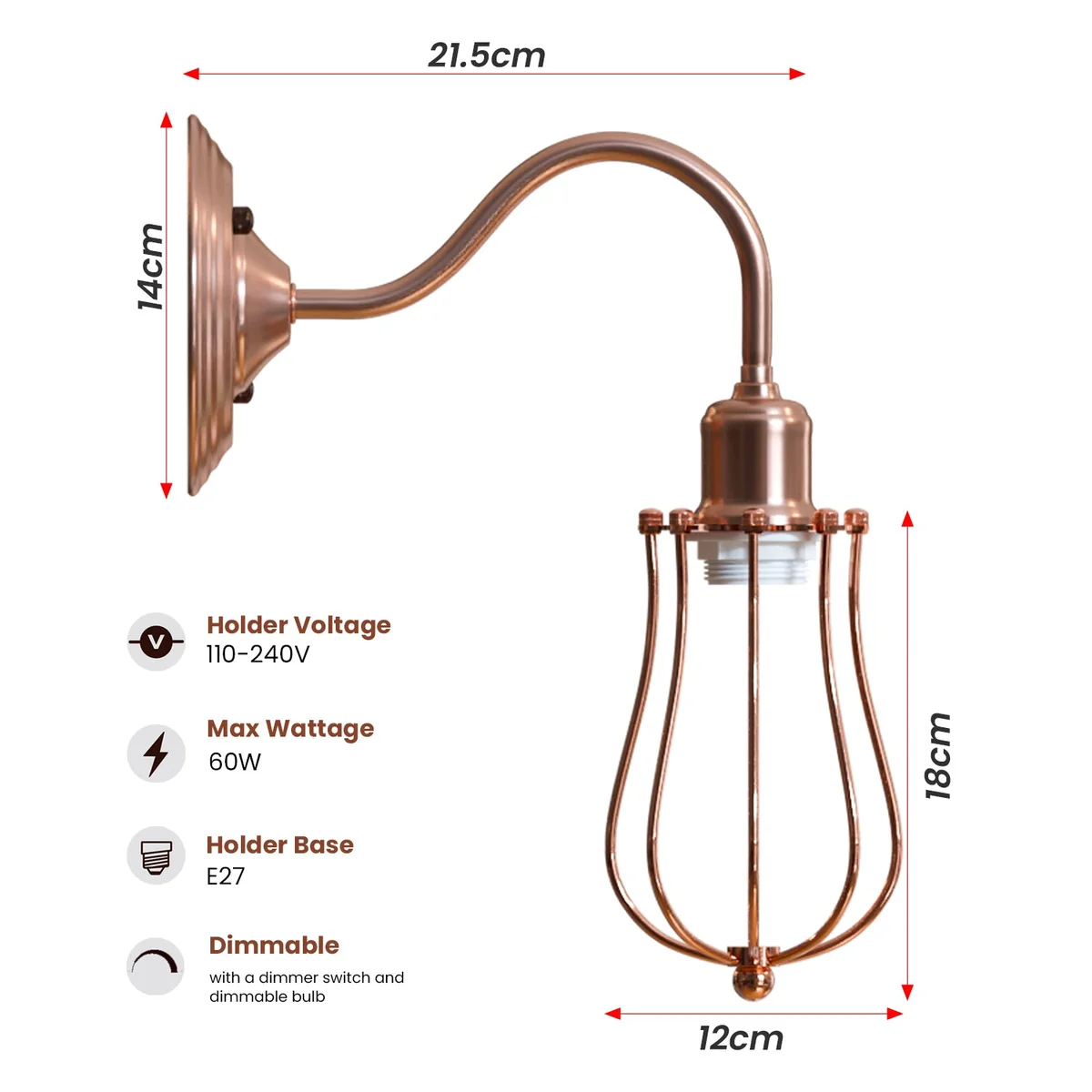 Copper industrial metal wall light with dome shade and adjustable mount for wall installation, vintage style
