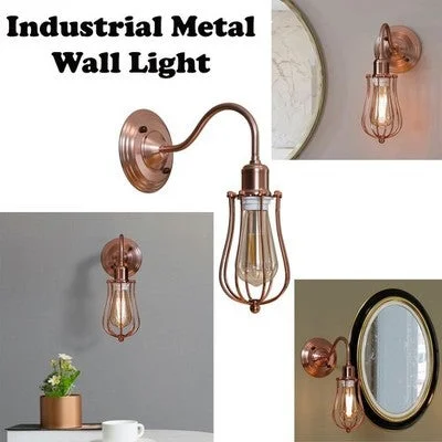 Copper industrial metal wall sconce with adjustable dome shade and E27 wall lamp fitting mounted on a white wall